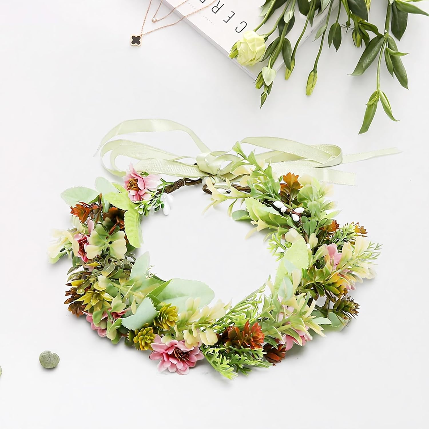 Flower Wreath Hair Headband Set Handmade Autumn Flower Crown with Hair Wreath & Comb for Wedding Bridal Festival Girls Photo Shoot Gift