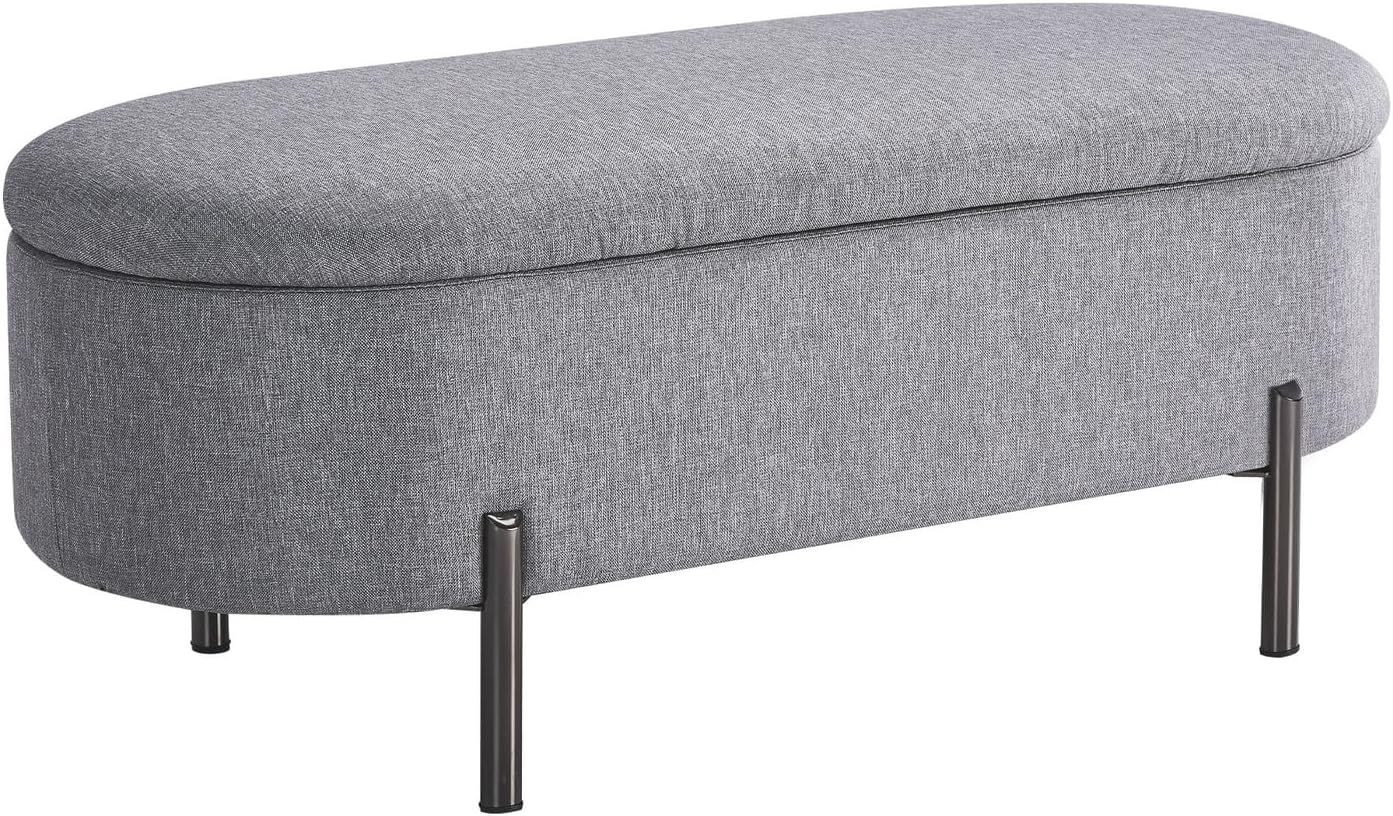 Oikiture Storage Ottoman Oval Linen Ottoman Bench Footstool 98CM Storage Box Chest for Home Bedroom Furniture Toy, Grey image number 3