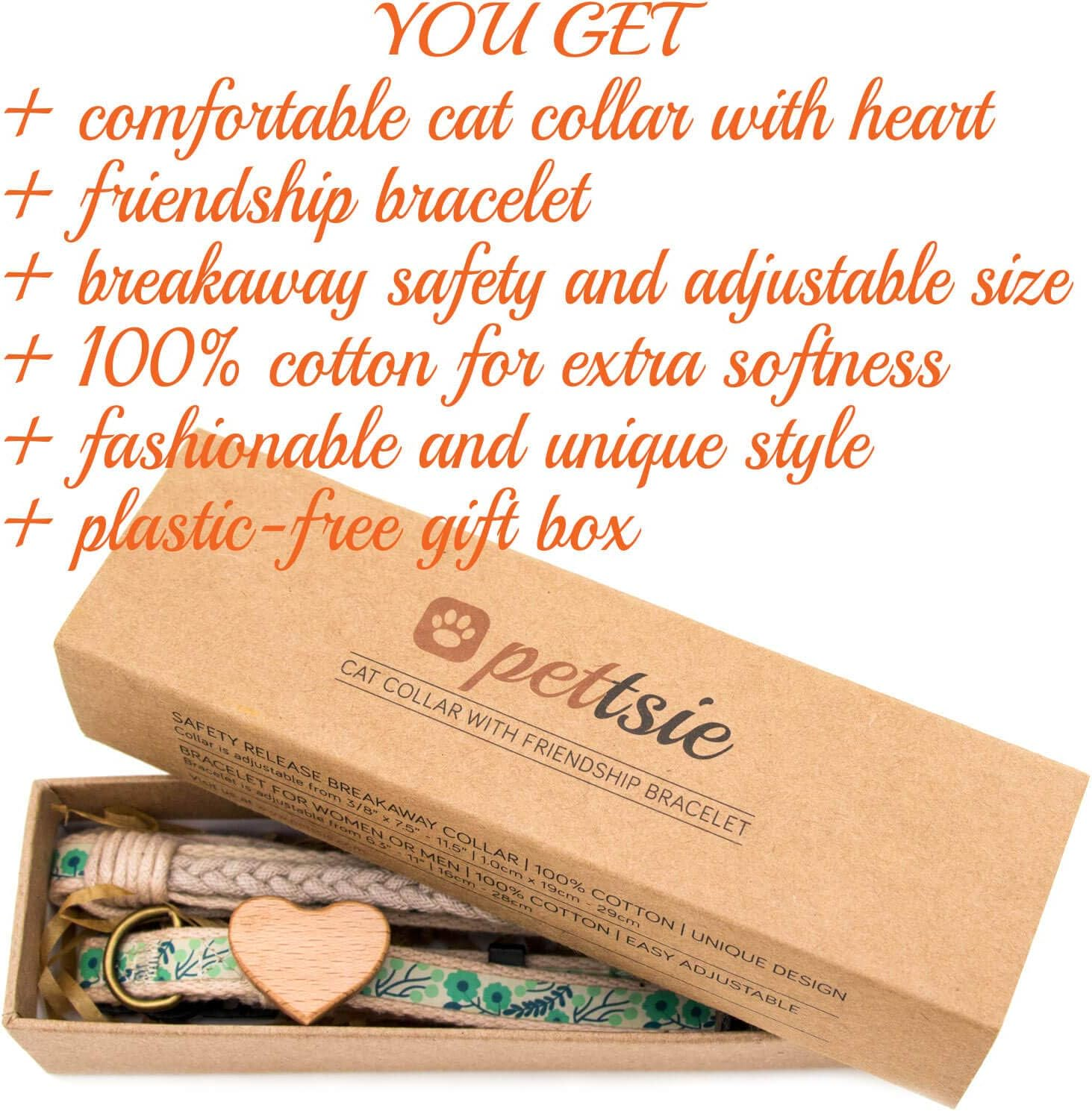 Pettsie Cat Collar Breakaway Safety with Heart and Friendship Bracelet for You, Natural and Soft 100% Cotton for Extra Comfort, Strong and Durable, Easy Adjustable Size 8-11 Inch (Green) - Green image number 4