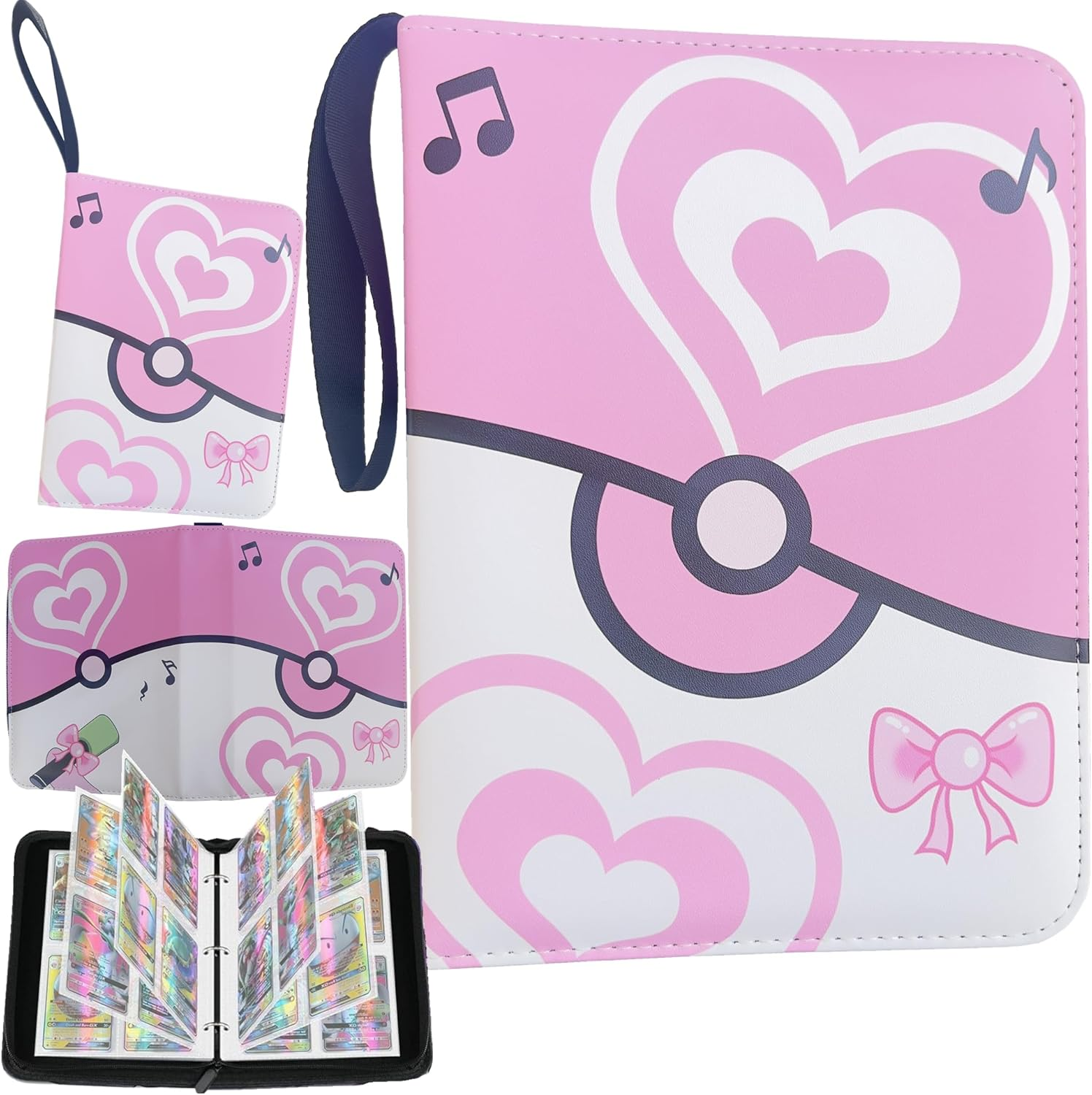Trading Card Album Binder 4 Pocket,50 Removable Sleeves Fits 400 Cards, Cards Holder Album PU Leather Folder with Zipper and Strap for Game,Book Folder Storage Organizer for Boys Girls (Pink) image number 1