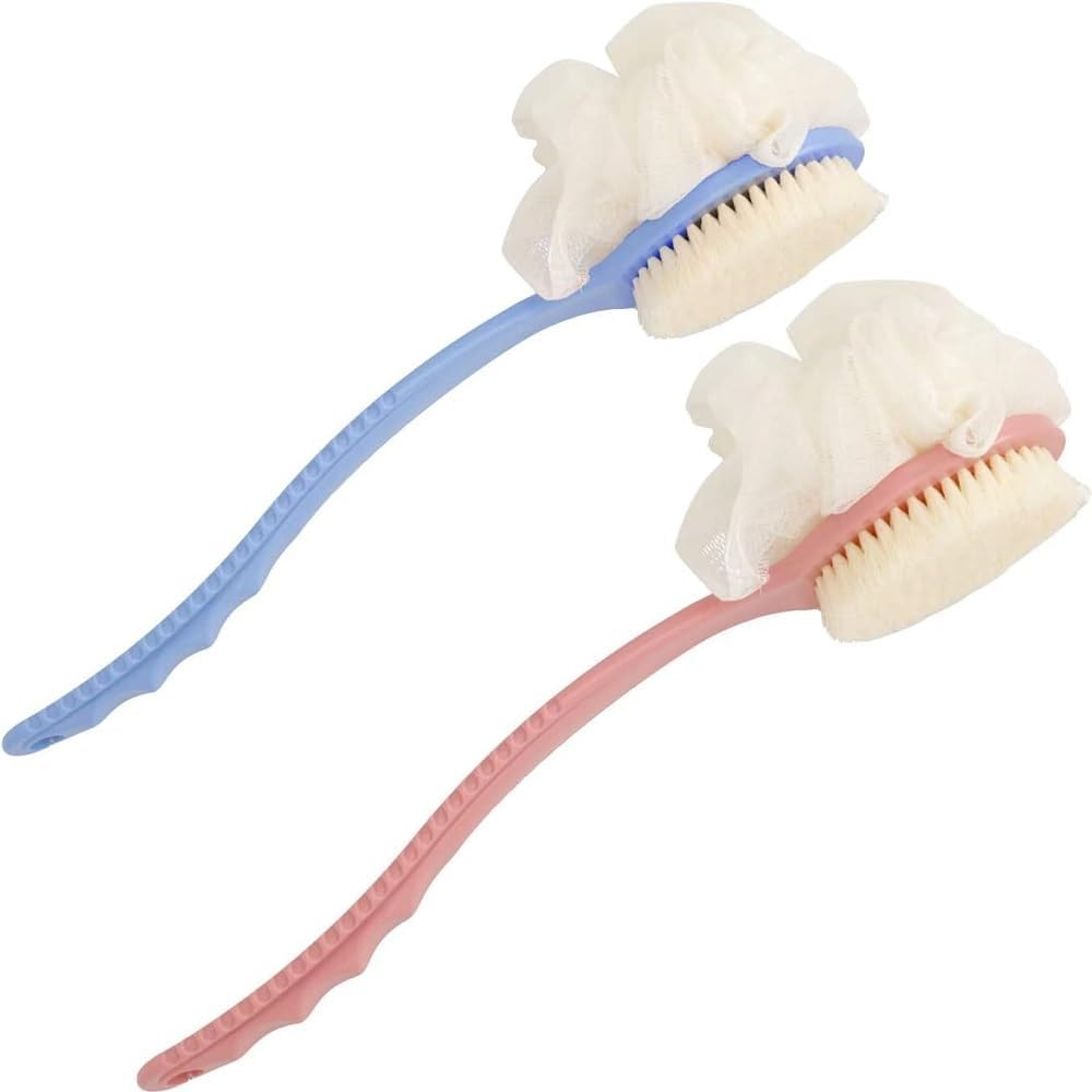 2 Pack Body Brush Back Scrubber for Shower Bath Back Scrubber with Soft Loofah and Bristles Back Scrubber Bath Mesh with Curved Long Handle Suitable for Wet or Dry, Women and Men (Pink，Blue, One Size) image number 1