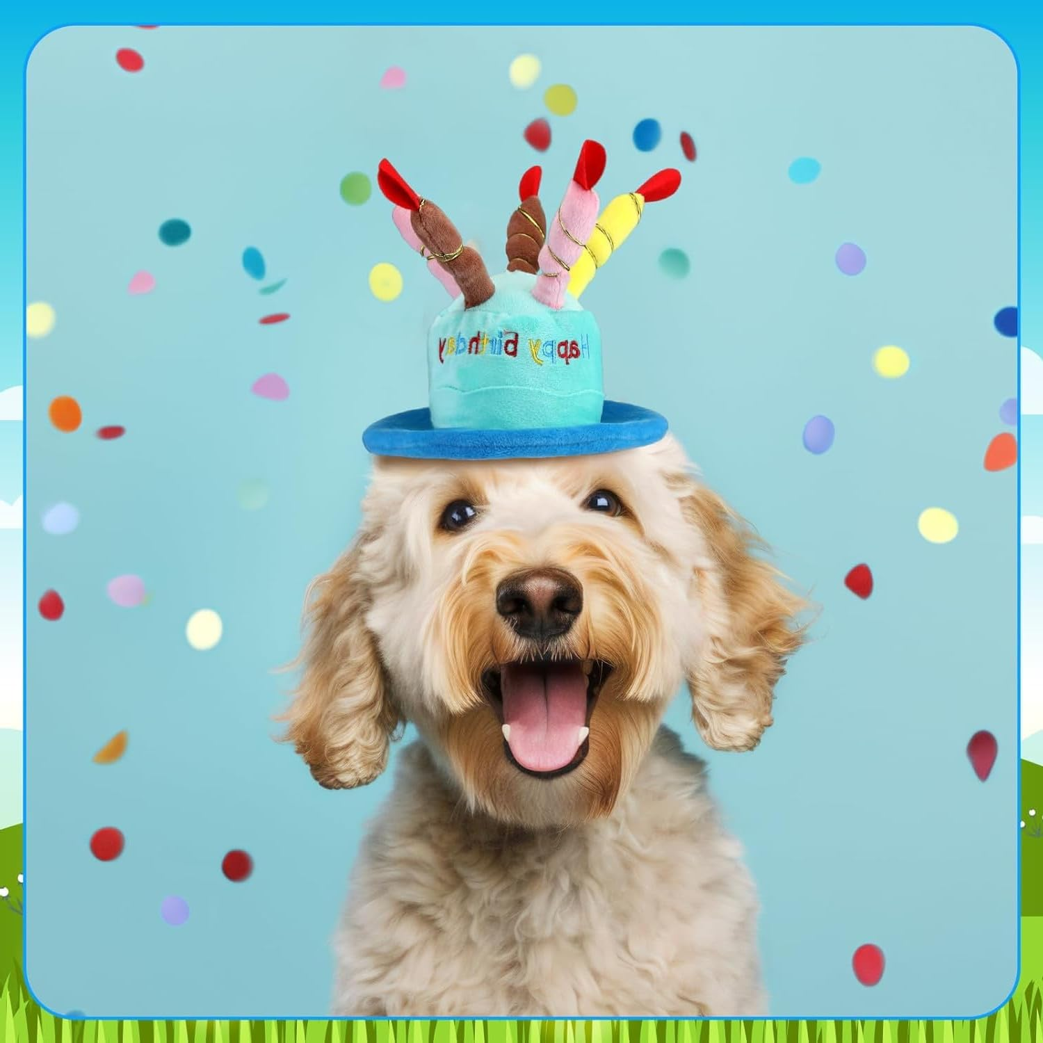 2 Pack Cute Dog Cat Birthday Cake Hat with Colorful Candles Adjustable Strap for Pet Birthday Party Supplies Decorations One Size Fits Most（Pink and Blue） image number 1