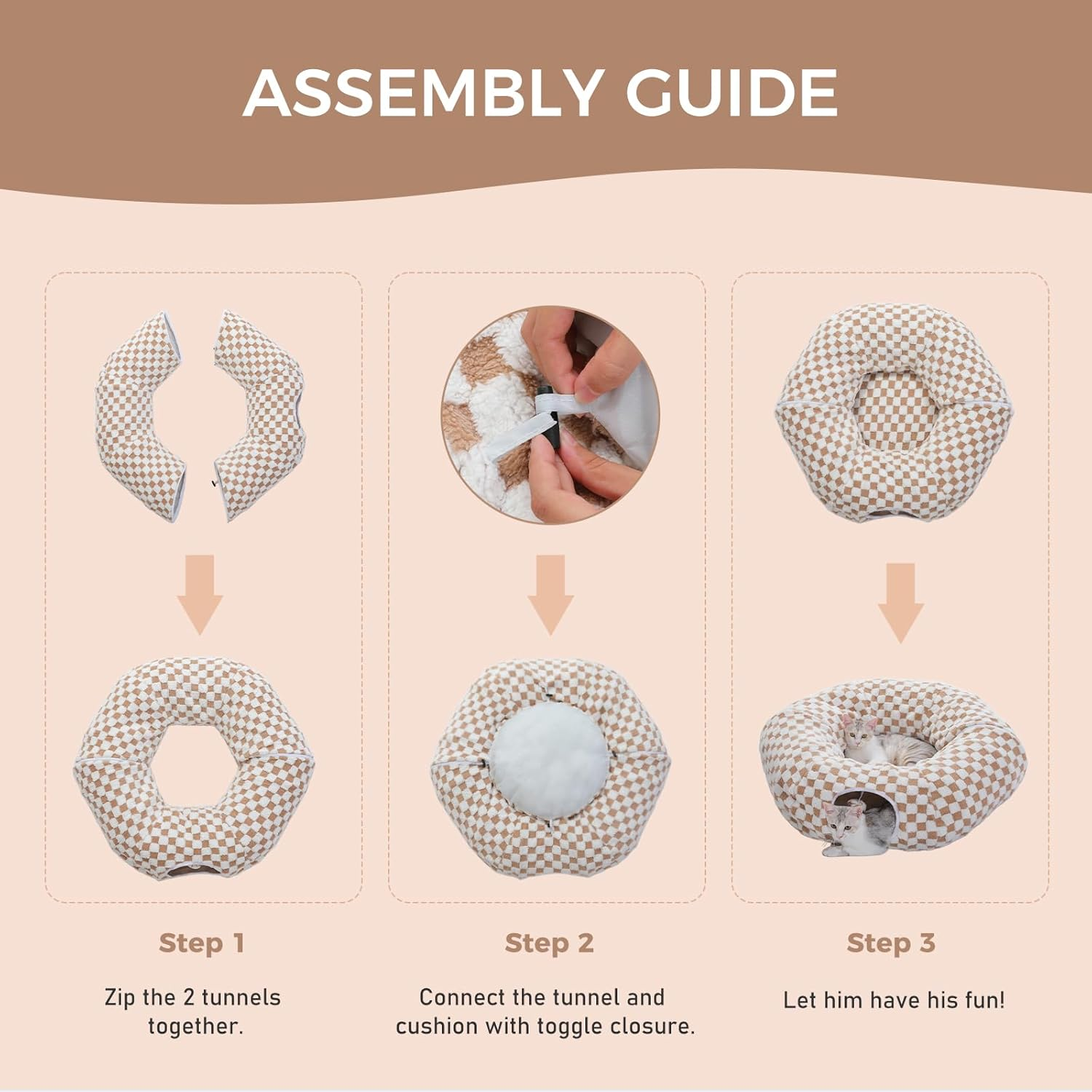 PAWZ Road Plush Cat Tunnel for Indoor Cats, 2 in 1 Donut Circle Shape Cat Tunnel & Cat Bed Diameter 85 Cm Brown image number 1