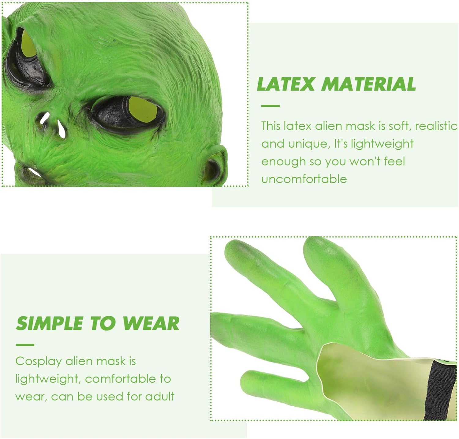 Green Alien Head Mask with Gloves Space Roswell Alien Mask Cool Latex Costume Mask for Party Halloween Dressing Up - Yellow image number 2