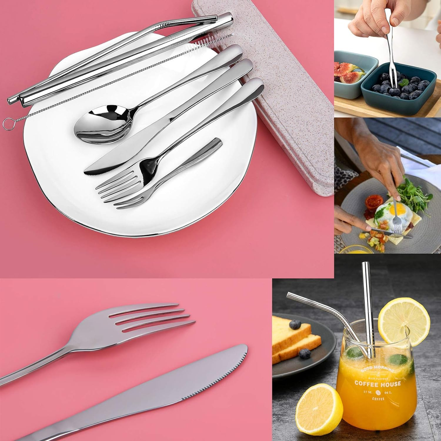 Hisredsun Portable and Reusable Stainless Steel Cutlery Set, 9-Piece Portable Flatware Set for Office, School, Camping and Travel. Including Knife/Fork/Spoon/Cleaning Brush/2 Straws/Fruit Fork/Wheat Straw Case/Mesh Bag image number 5