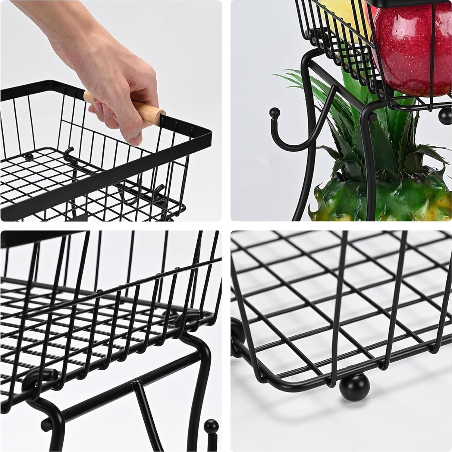 2-Tier Fruit Basket, Detachable Vegetable Basket Bowl with 2 Banana Hangers, Kitchen Countertop Fruit Stand Holder, Metal Wire Storage Organizer for Bread Snack Veggies Produce, Black 41*24*29Cm image number 2