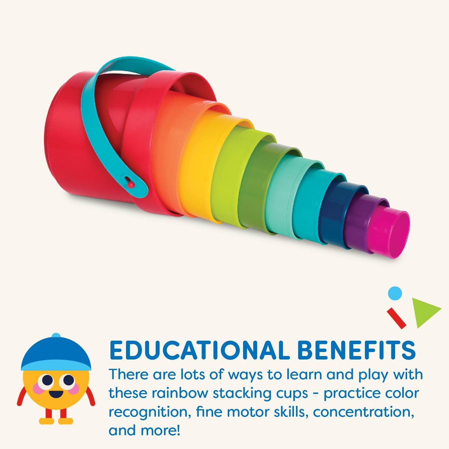 Battat &ndash; Stacking Cups &ndash; 10 Pcs &ndash; Plastic Nesting Toys &ndash; Bucket with Carry Handle &ndash; Water & Sand &ndash; Colorful Toy Set for Toddlers &ndash; Stack up Cups &ndash; 18 Months + image number 2