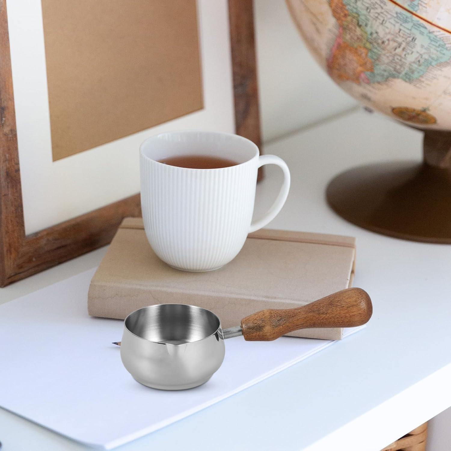 Homoyoyo Stainless Steel Milk Frothing Pitcher with Walnut Wooden Handle Small Creamer Jug for Espresso Coffee Smooth Surface Easy to Clean Stylish Small Milk Container for Home and Use image number 6