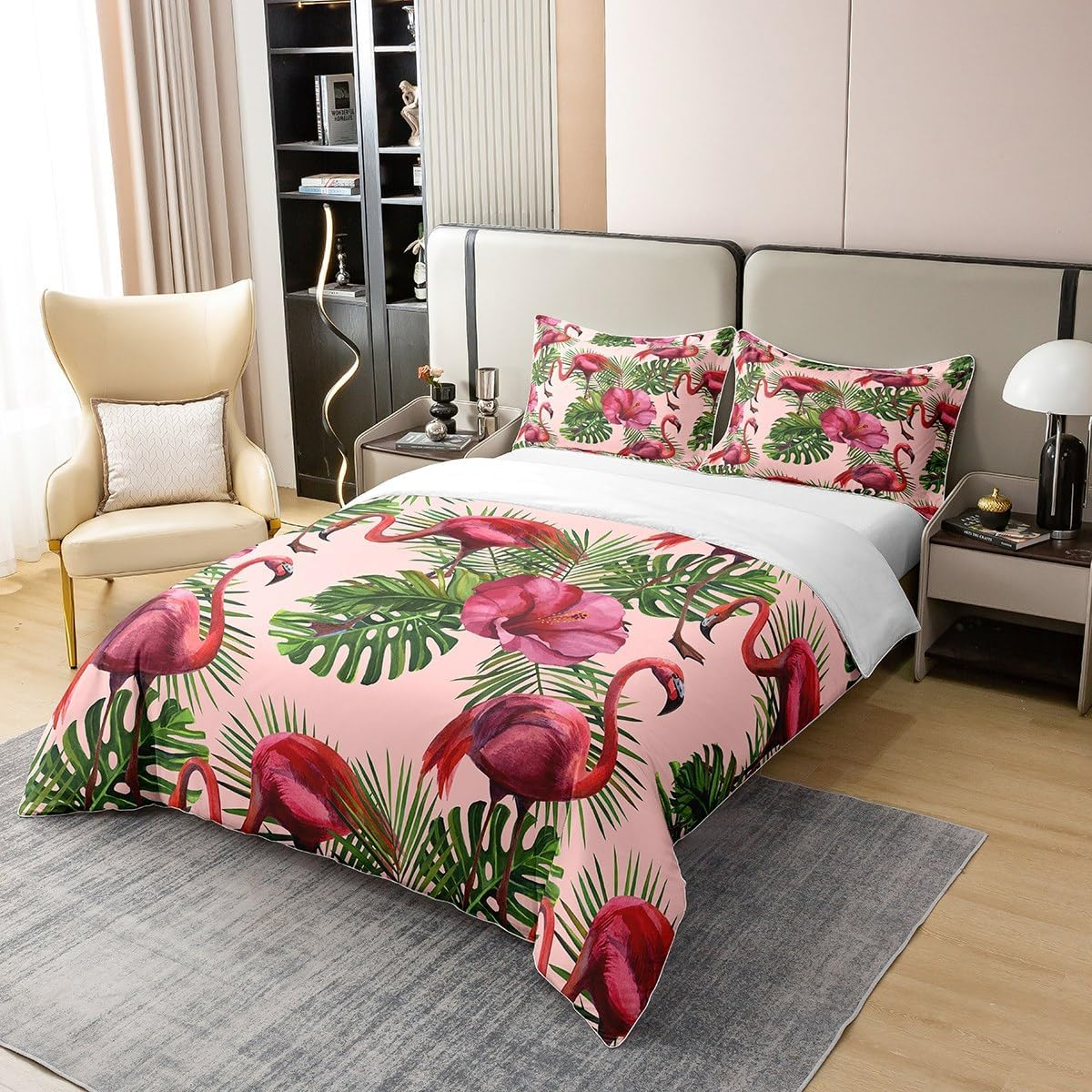 Loussiesd Flamingo Duvet Cover Set 155 X 220 Cm Children'S Tropical Flamingo Flroal Bed Set for Boys Teenagers Tropical Leaves Flower Bedding Set 100% Cotton Leaf Pattern Red Bedding Set image number 1