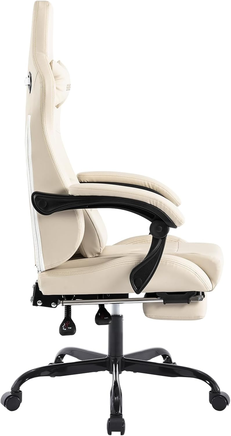 SEGEDOM Beige White Gaming Chair | with Footrest, Ergonomic, Massage Lumbar Cushion, Adjustable, Recliner | PVC Leather(Beige) image number 3