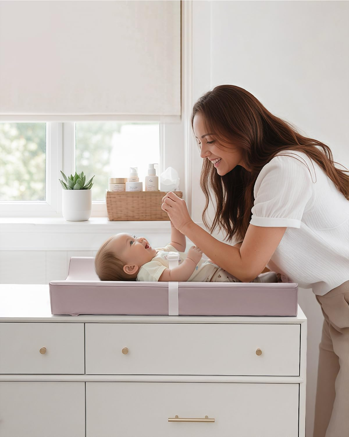 Yunking Vegan Leather Baby Changing Pad with Waterproof & Wipe-Clean PU Cover, Standard Size Cozy Baby Changing Table Pads for Dressers/Tables, Taupe image number 5