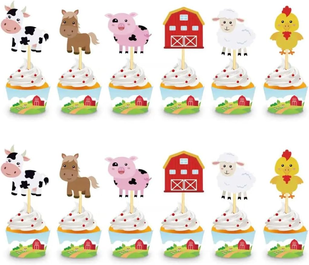 24 Pack Farm Barn Cupcake Toppers Barnyard Animal Party Decorations for Kids Birthday & Baby Shower Farm Theme Cake Picks for Cupcakes, Desserts & Table D&eacute;cor