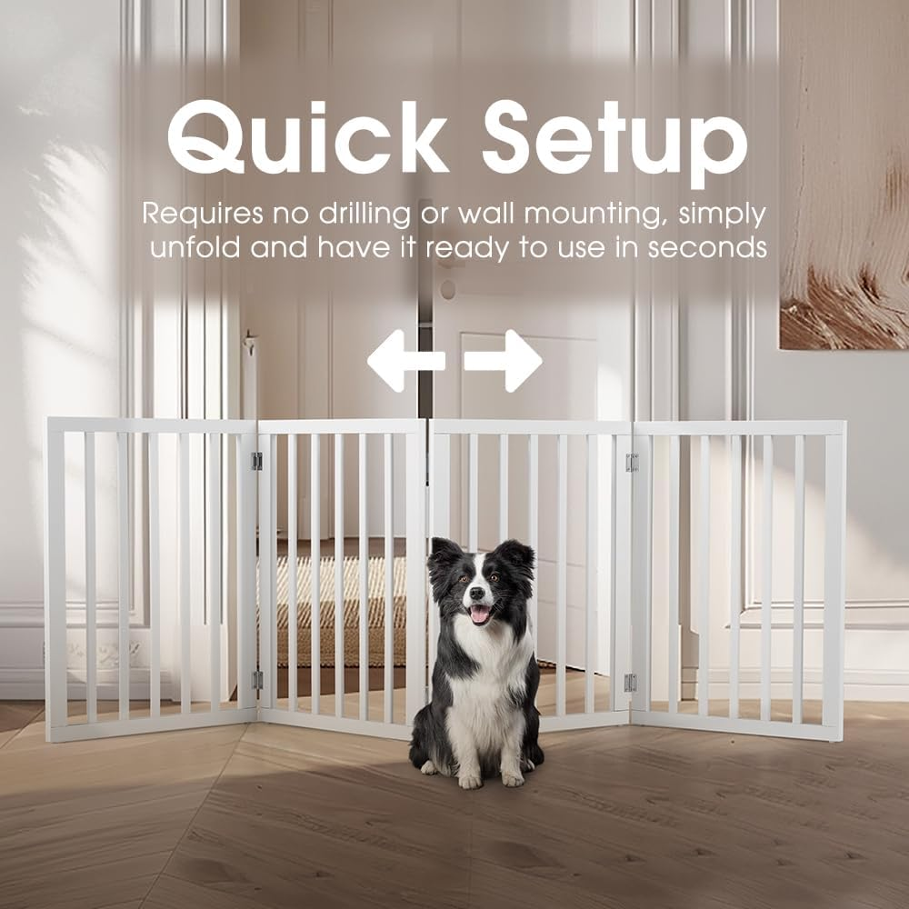 Petzly Foldable Dog Gate, Freestanding Pet Gate for Puppy Small Dogs and Cats, Dog Fence for House Stairs Doorway Bedrooms, No Drill Pet Barrier Indoor/Outdoor, 4 Panels Fence, White - 188CM X 61CM image number 4