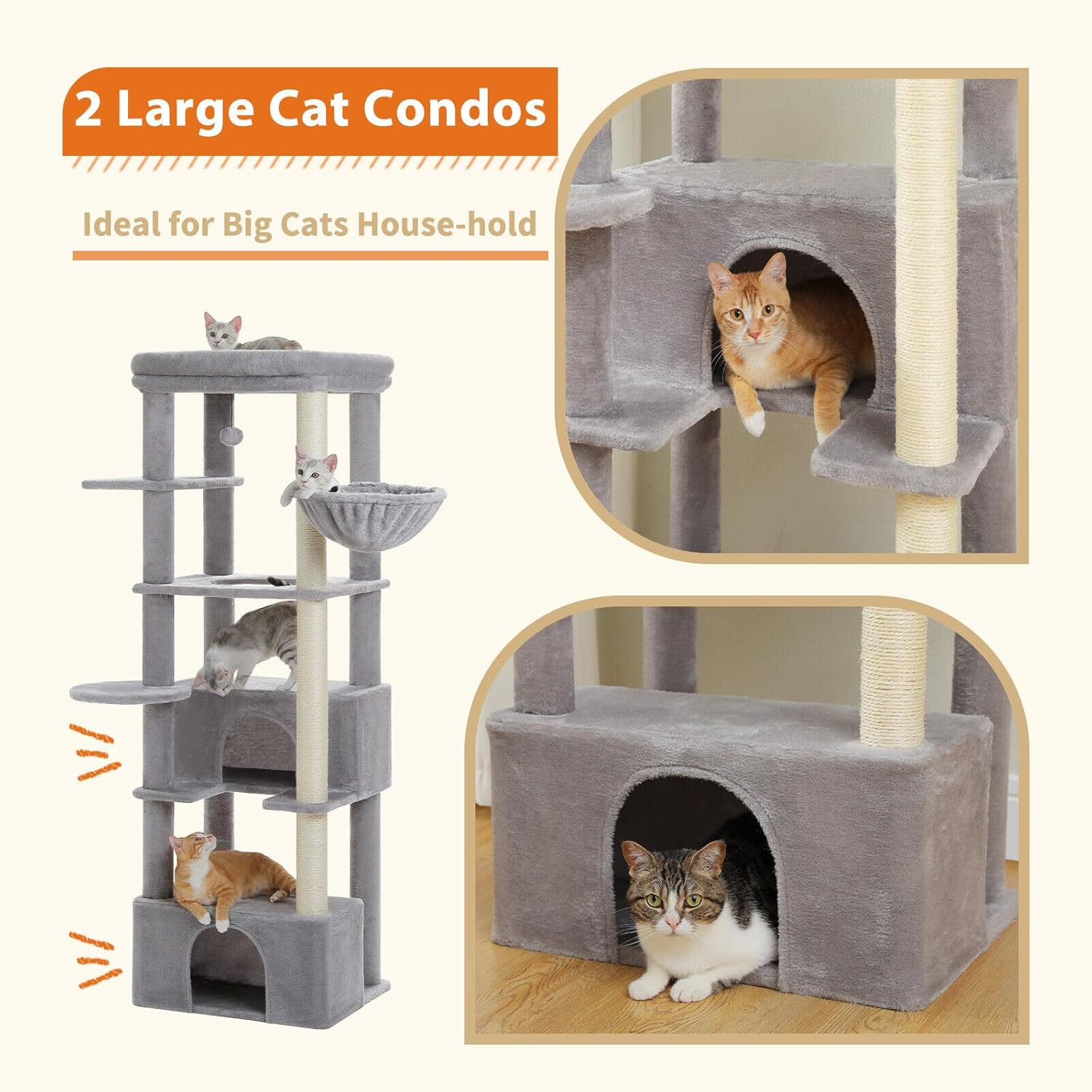 PAWZ Road Cat Tree for Large Cats, 170Cm Cat Tower for Indoor Kitten,Multi-Level Cat Furniture with Large Condo,Spacious Top Perch(53X43Cm), Cozy Hammock(Dia=35Cm), Cats Scratching Post. Grey - Grey image number 5