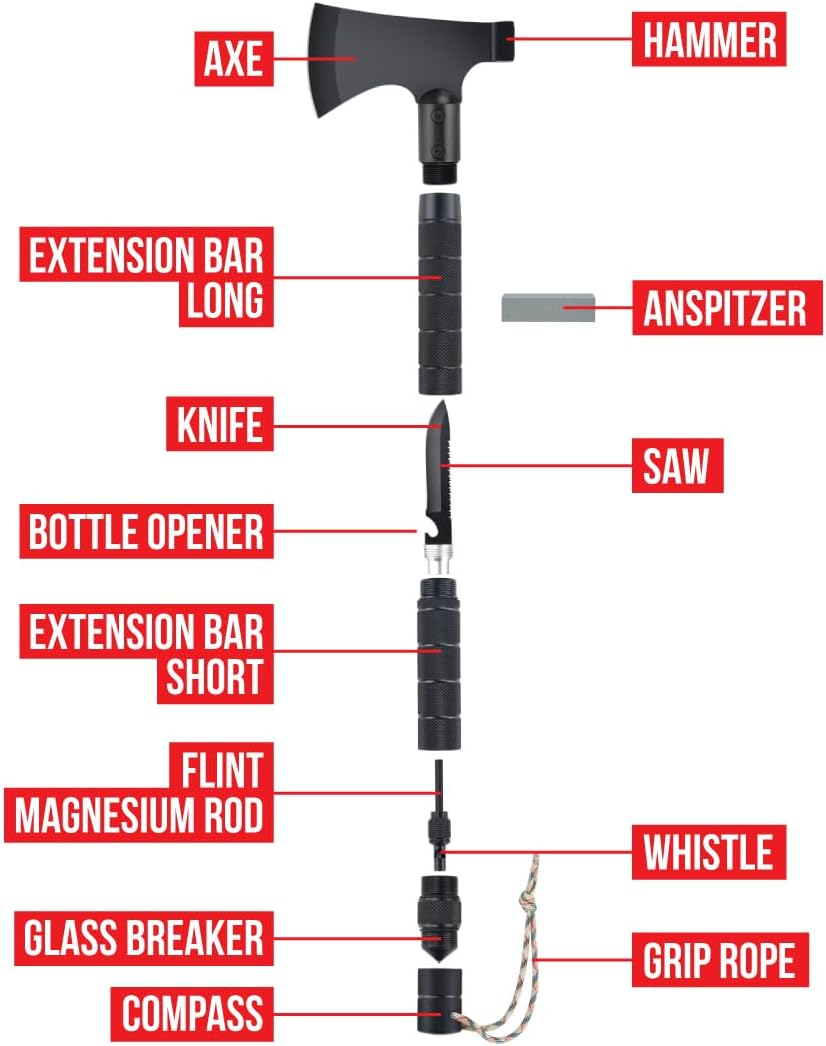 POLE9 Survival Axe 11-In-1 Multitool Axe - Outdoor Axe with 11 Functions of Camping Axe, Flint, Knife, Whetstone, Saw, Hammer and Many More - Optimal Survival Tool image number 1