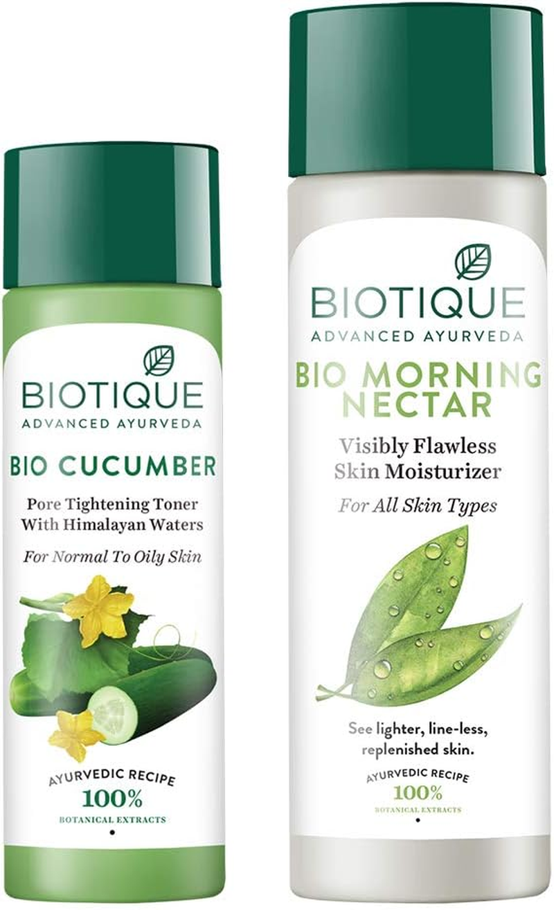 Biotique Bio Cucumber Pore Tightening Toner, 120Ml and Biotique Morning Nectar Flawless Skin Lotion for All Skin Types, 190Ml (Pack of 2) image number 1