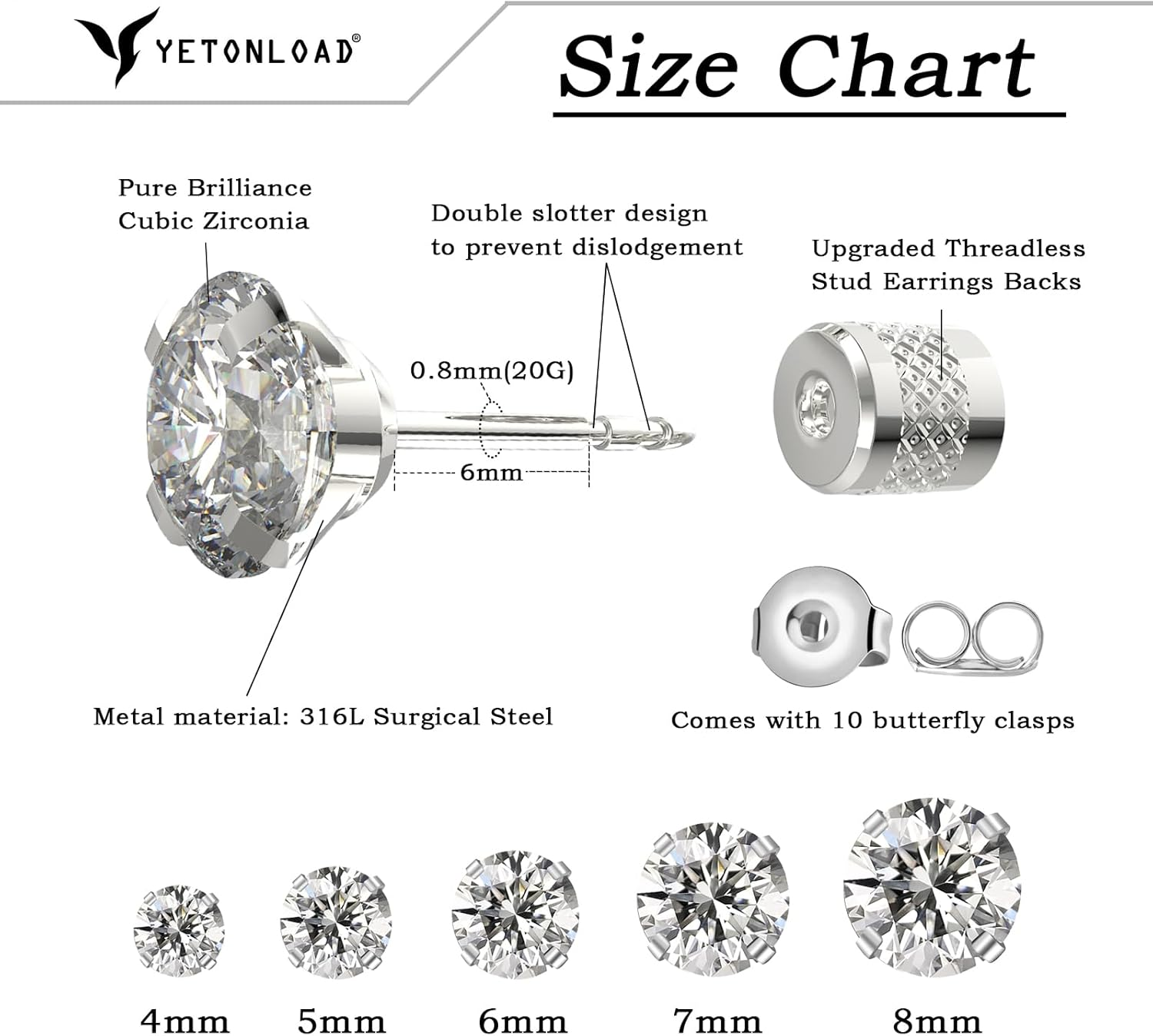 5-6 Pairs Push-In Flat Back Stud Earrings Hypoallergenic Surgical Stainless Steel Cubic Zirconia Earrings Studs Set Multi-Pack, CZ Stud Earrings for Women Men Trendy Cartilage Stud Earrings 2-8Mm