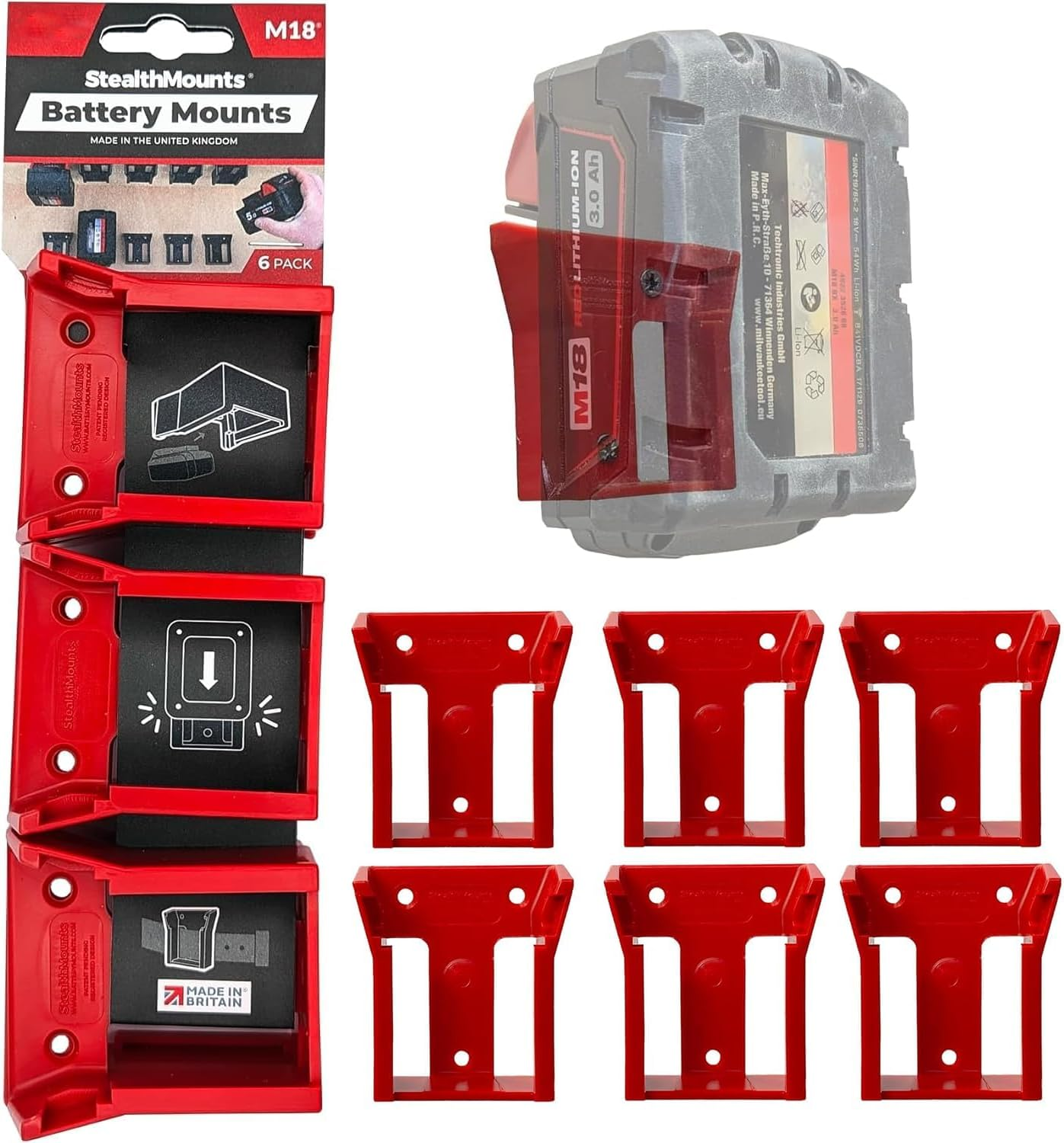 Stealthmounts Milwaukee Battery Holders M18 | Milwaukee M18 Battery Mounts for Milwaukee Power Tools | 6 Pack | Red Milwaukee M18 Battery Organizers image number 1