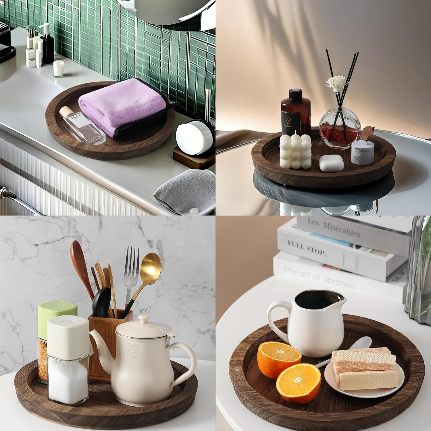 MOOKOMI Set of 2 Rustic round Wooden Tray - Bathroom Tray Countertop, Candle Tray, Table Centerpieces, and round Tray for Home D&eacute;cor (11.2") image number 1