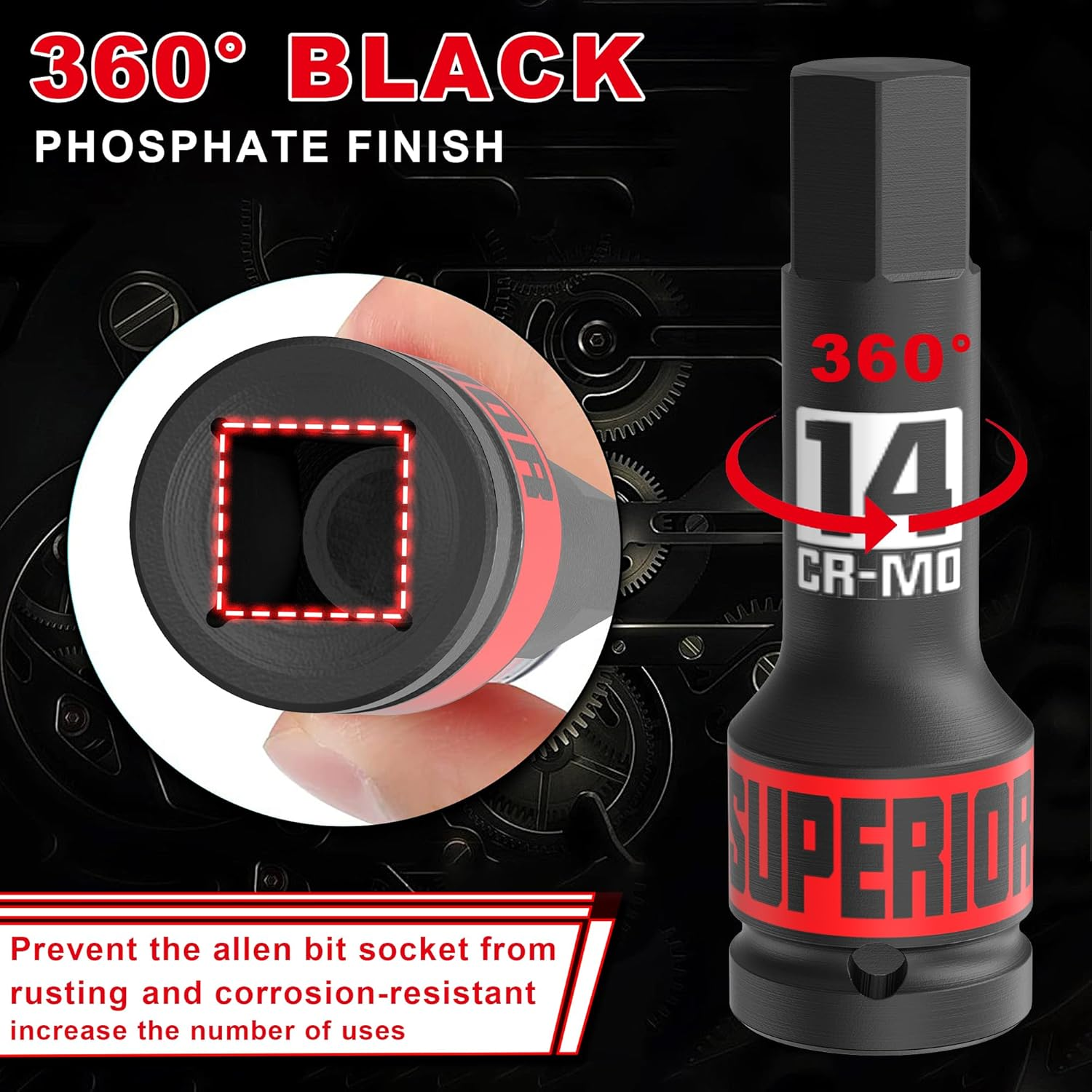 1/2" Drive Master Impact Hex Bit Socket Set, 5 Mm - 19 Mm, Impact Allen Bit Socket Set, Cr-Mo Steel, for Installing, Dismantling and Repairing Wheel Nuts on Vehicles,10 Pieces image number 6