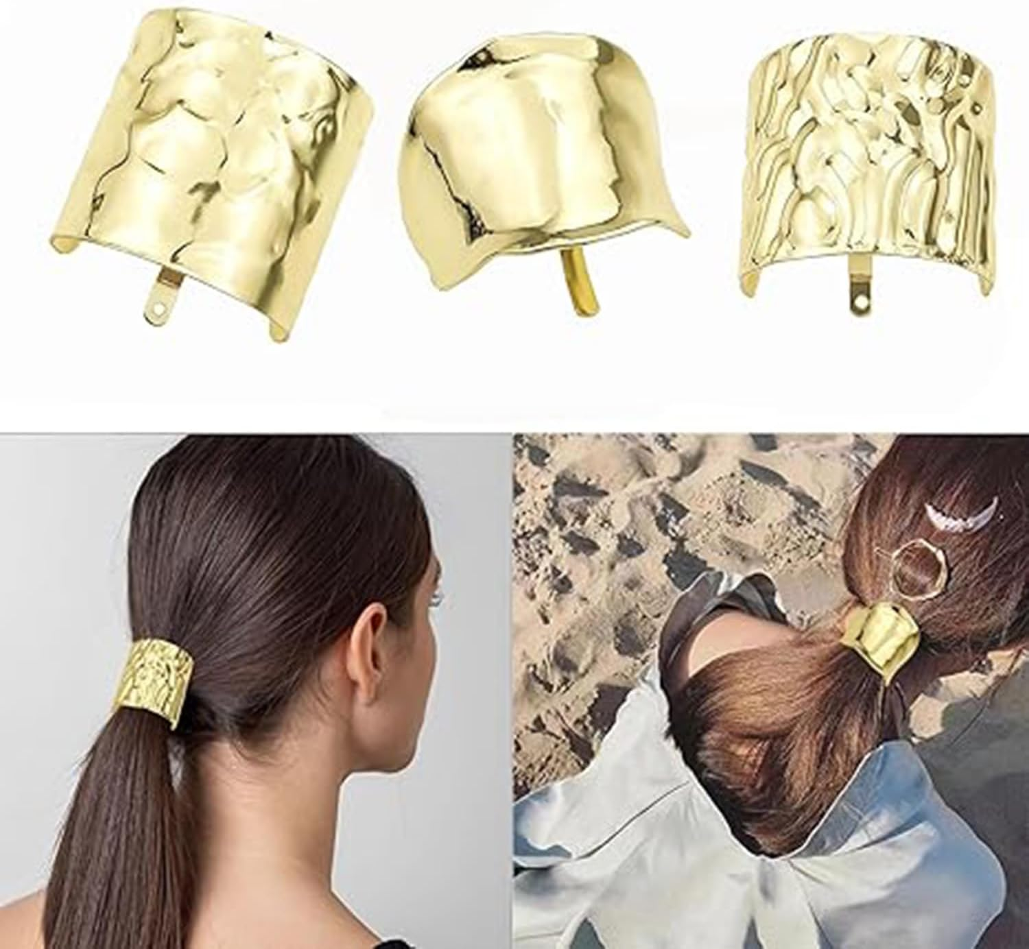 Tjhypenete 3Pcs Hair Clips with Lava Ponytail Buckle, Gold Hair Cuffs High Ponytail Holder Band, Stylish Dress up Hair Ring, Decorative Horsetail Accessories, Metal Hair Ties, Long Hair Tail Hairpins image number 1
