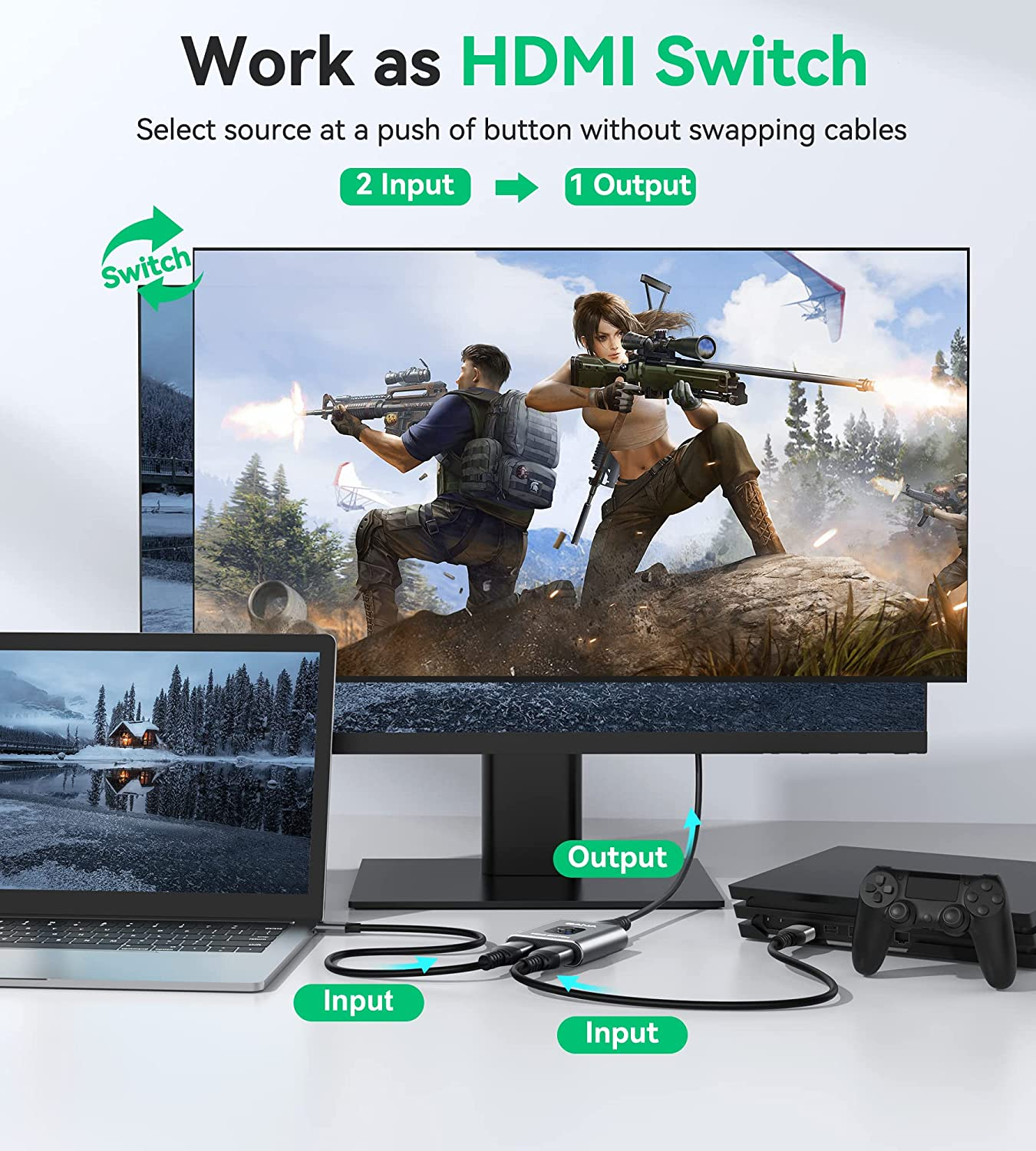 HDMI Switch 4K@60Hz Splitter, GANA Aluminum Bidirectional HDMI Switcher 2 in 1 Out, Manual HDMI Hub Supports HD Compatible with Xbox PS5/4/3 Blu-Ray Player Fire Stick Roku - Gray With 3Ft Cable image number 7