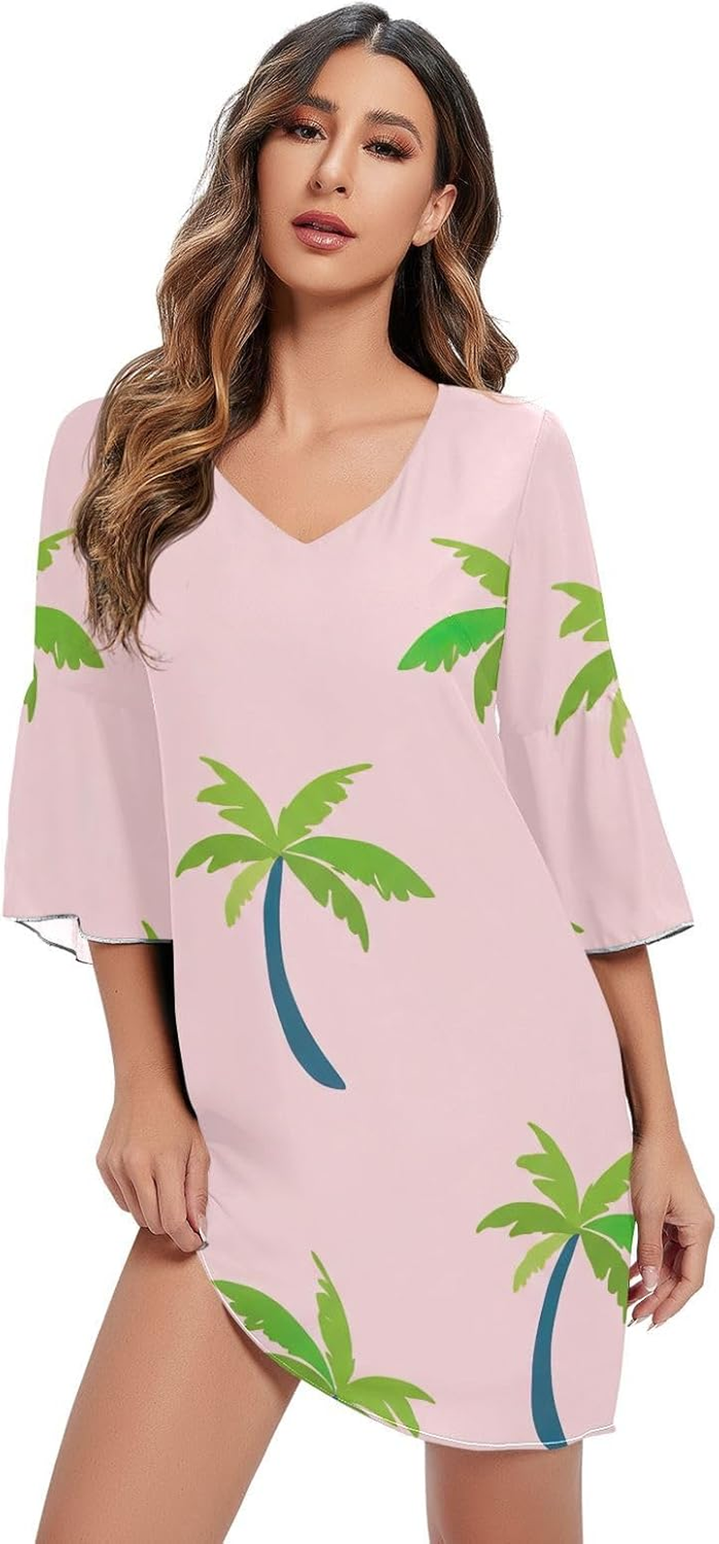 Cartoon Palm Trees Pink Short Dress Printed Maternity Dress Party S-XXL image number 3