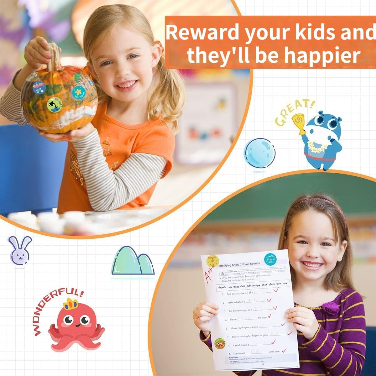 KALYRON 2000 Pcs Animal Reward Stickers,Fun Cartoon Bonus Stickers with Motivational Phrases, Perfect for Teachers, Students & Classroom Awards (Assorted Designs 4 Rolls image number 1