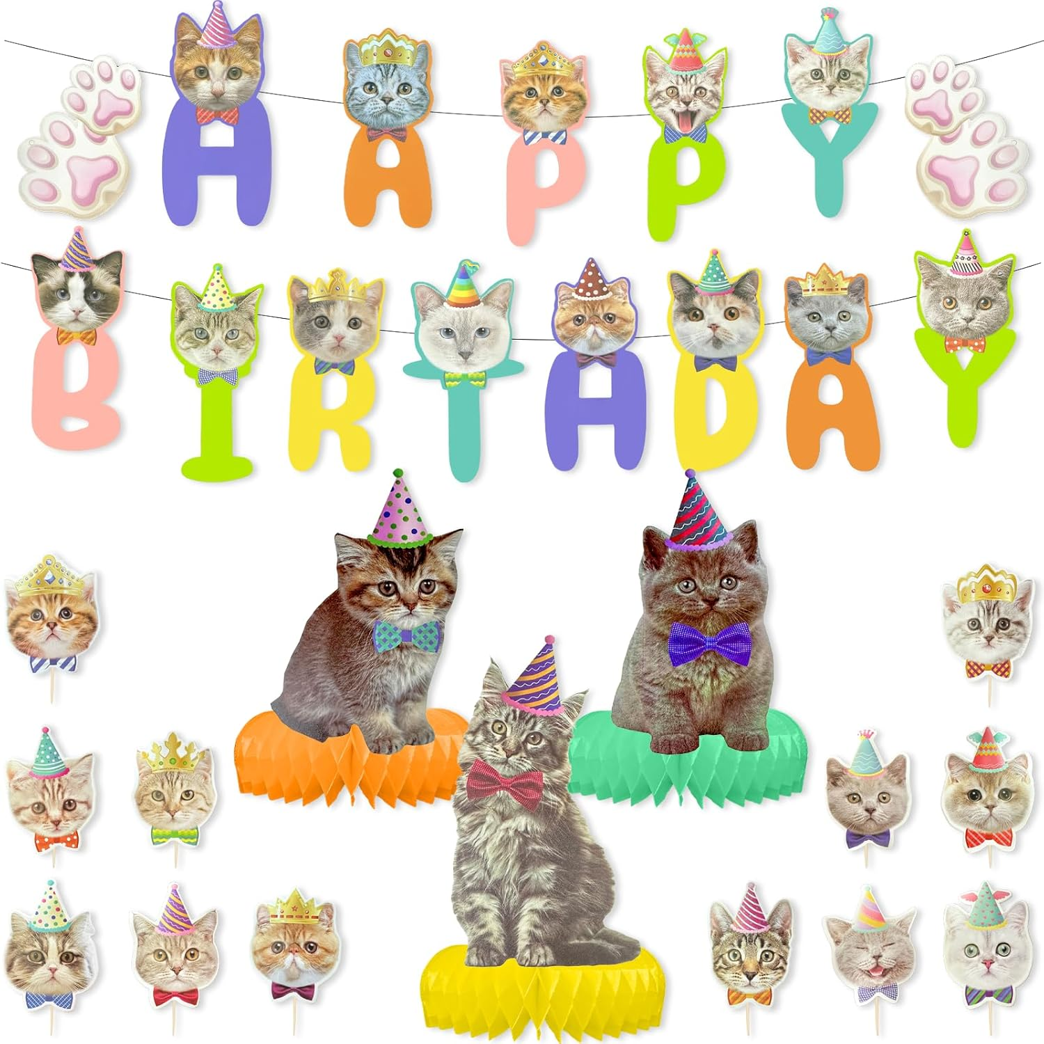 Cat Theme Birthday Party Decorations, 1 Set Kitten Happy Birthday Decorations with Cake Toppers (Colorful) image number 3