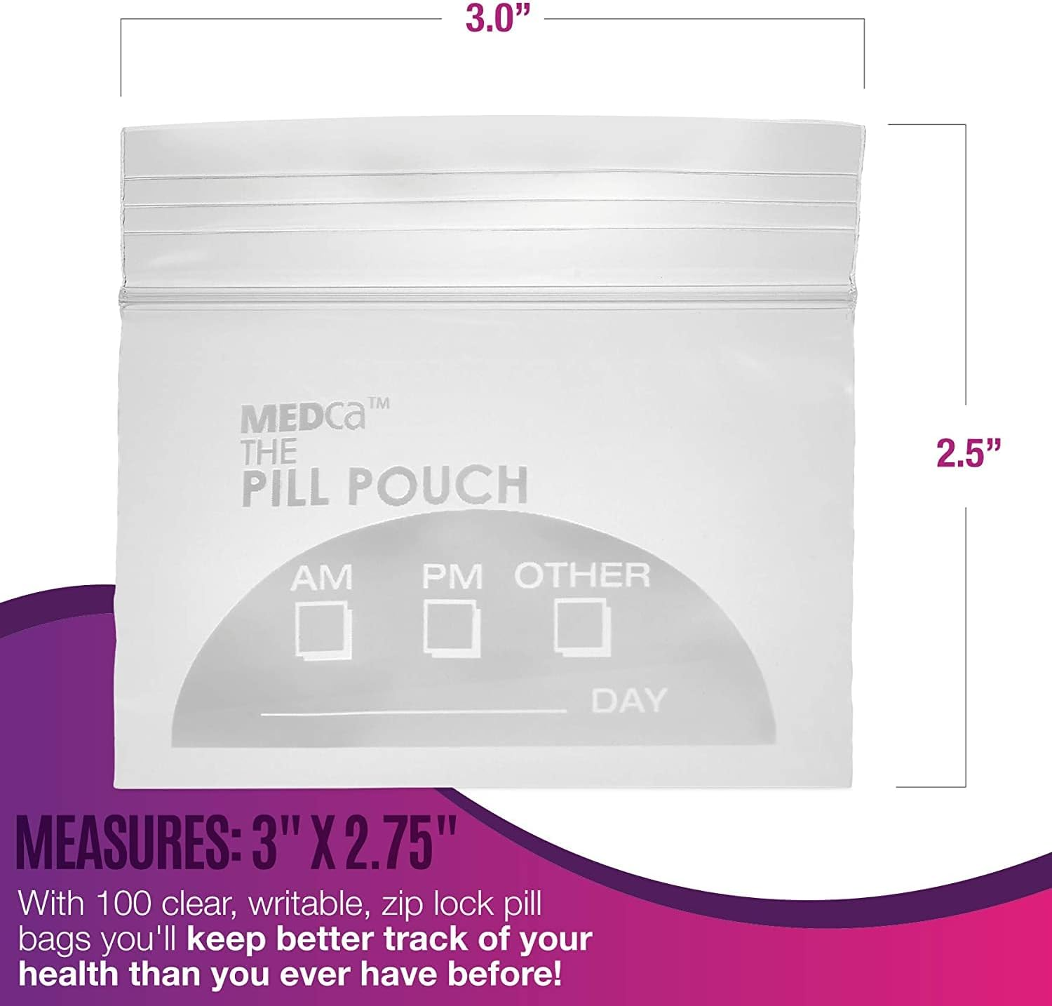 Pill Pouch Bags - (Pack of 250) 3" X 2.75" - BPA Free, Poly Bag Disposable Zipper Pills Baggies, Daily AM PM Travel Medicine Organizer Storage Pouches, Best Clear Reusable with Write-On Labels image number 1