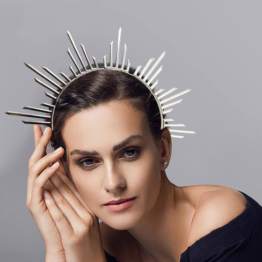 CABODYALS 2Pcs Gold Silver Sun Goddess Halo Crown Renfaire Sunburst Zip Tie Spikes Angel Celestial Headband Renaissance Cosplay Costume Headpiece Hair Bands for Women Wedding Halloween Dance Accessory image number 5