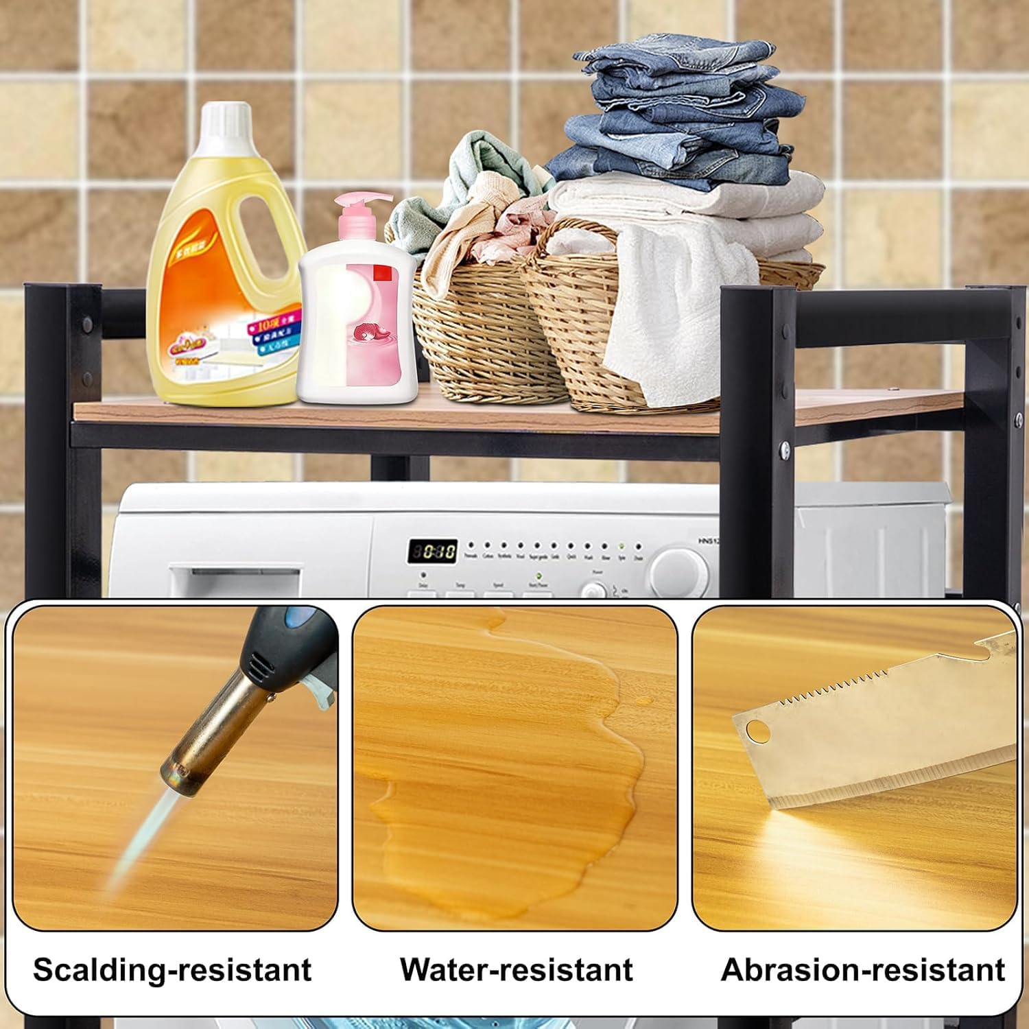 Washing Machine Storage Rack Height Adjustable Washer Dryer Stacking Rack with Adjustable Shelves 1.2Mm Wall Thickness Load Capacity 350Kg for Bathrooms Laundry Rooms Balconies (Black) image number 4