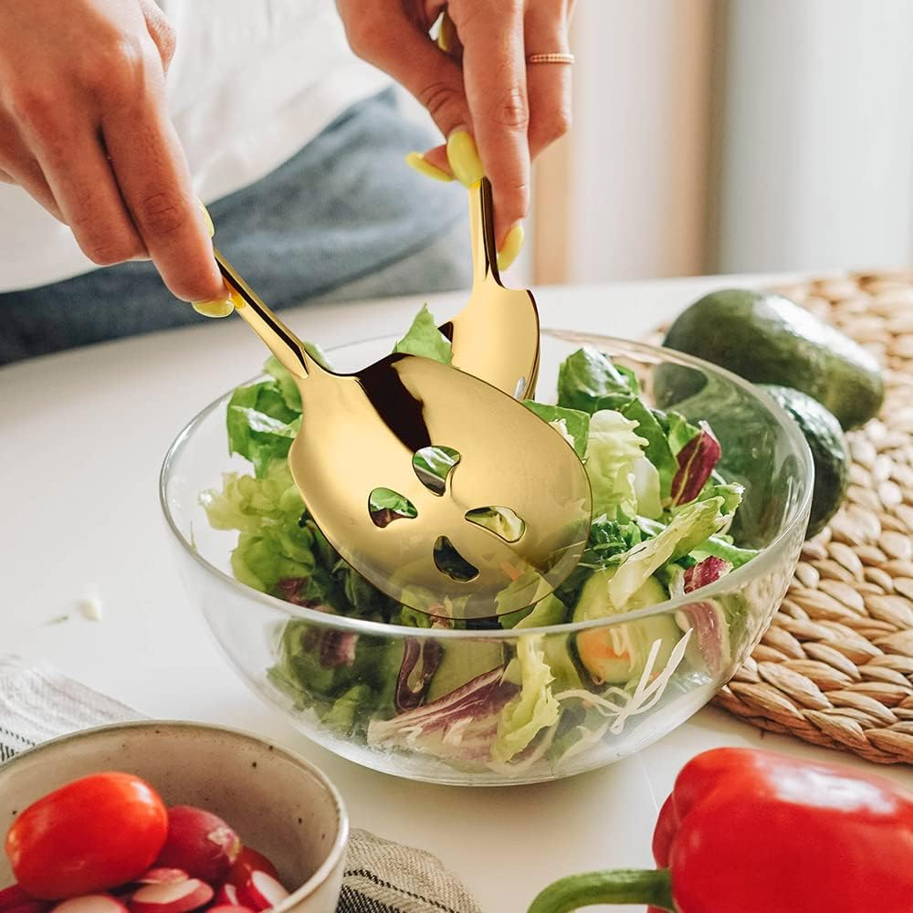 Stainless Steel Serving Spoon X 3, Slotted Serving Spoon X 3, 9.14 Inches Large Serving Utensils Set of 6 for Catering, Dishwasher Safe (Gold)