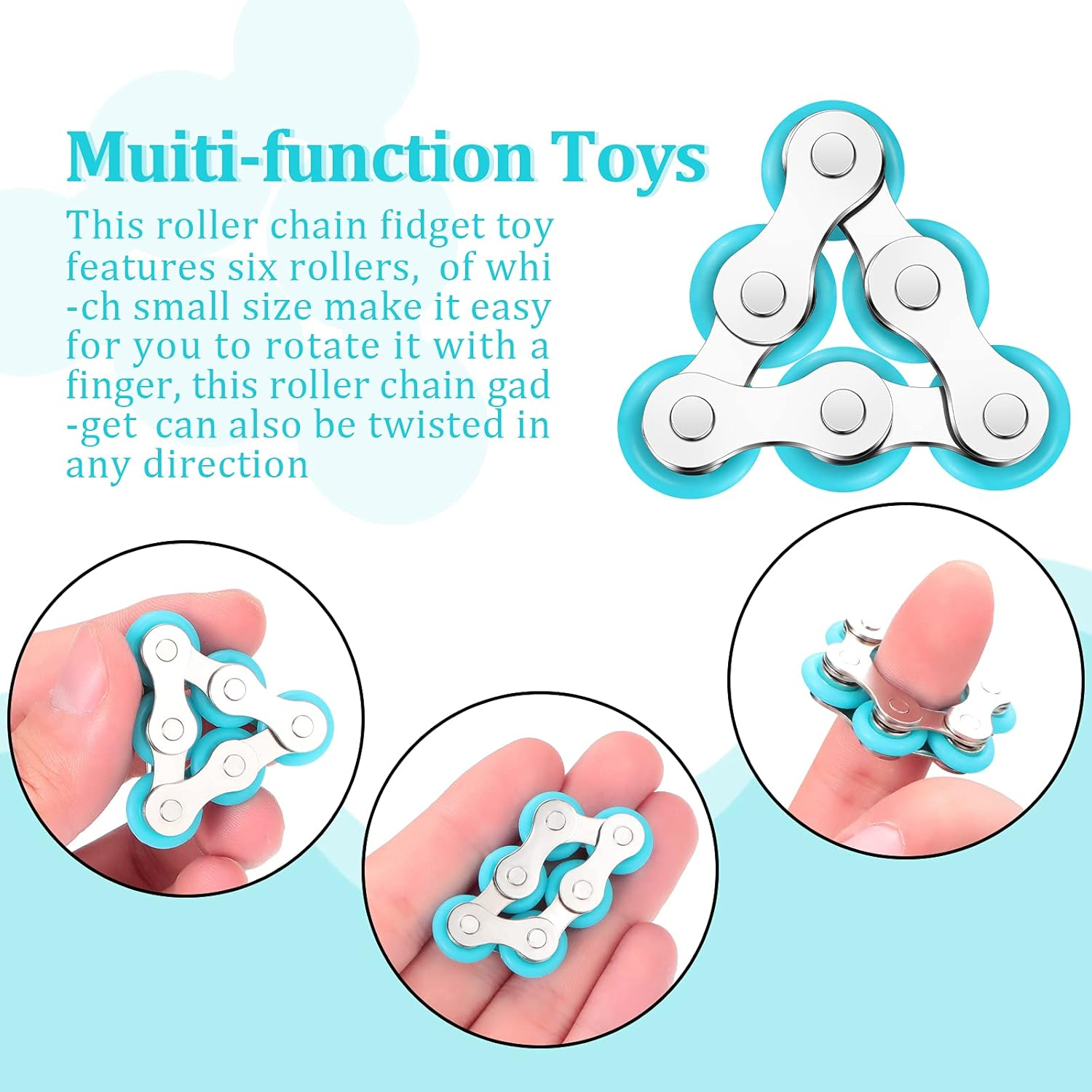 2 Pieces Fidget Toys Flippy Roller Chain, Six Roller Chain Fidget Toys Bike Chain Toys Novelty Stress Relief for Adults Teens Anxiety Autism, ADHD (Dark Blue, Sky Blue) image number 4