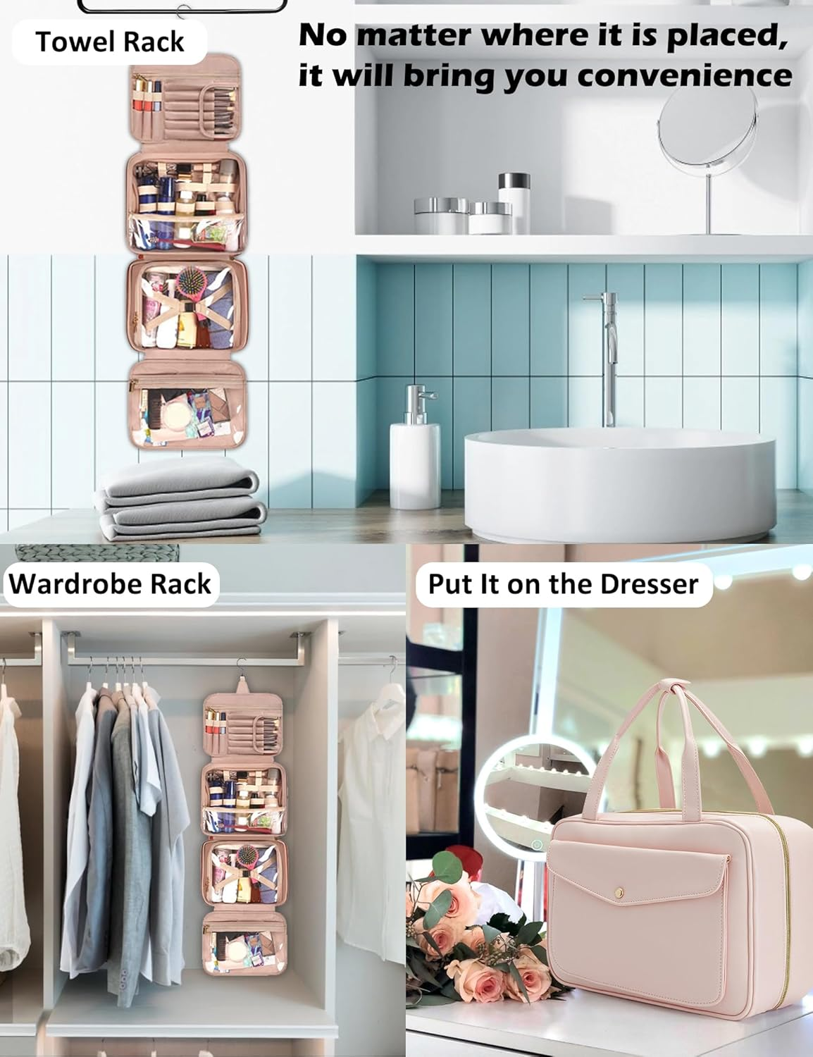 Travel Toiletry Bag,Hanging Leather Large Capacity Travel Wash Bag,Waterproof Portable Make up Bag,Travel Storage Skin Care Cosmetics Toiletries (Pink) - Black image number 3