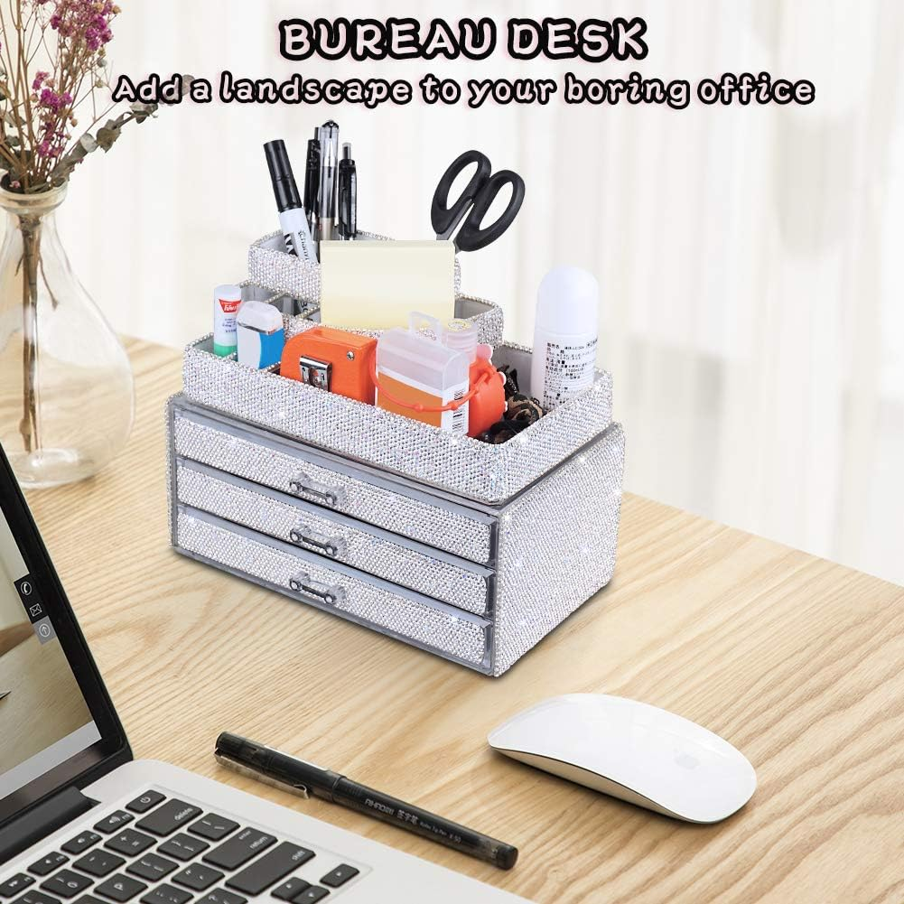 Makeup Organizers Drawer,Jewelry Cosmetic Storage Display Boxes, Makeup Brush Holder, Cosmetic Holder,Bling Diamond Countertop Jewelry Case,2 Pieces Set (Purely Handmade)(White)&hellip;