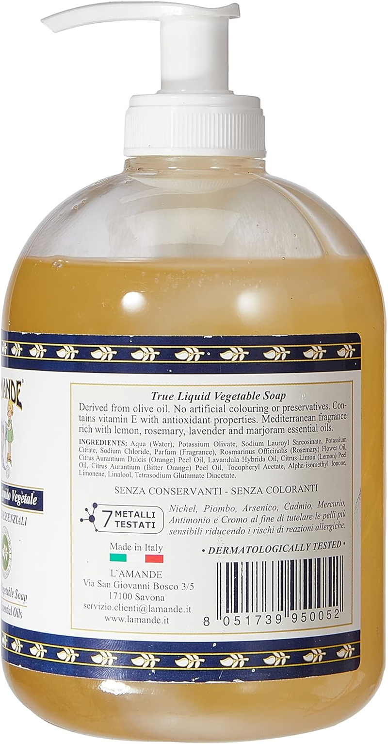 L'AMANDE Vegetable Liquid Soap for Hands and Body 500Ml with Essential Oils Vegetable Liquid Soap from Olive Oil Natural Liquid Soap Dermatologically Tested