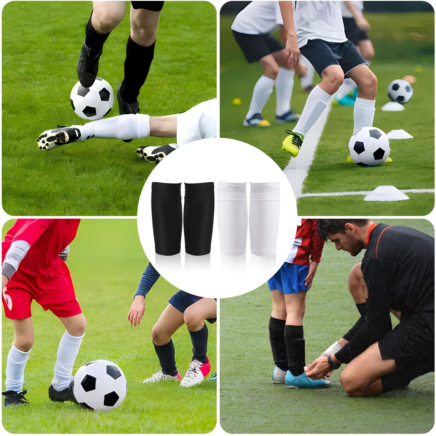 2 Pair Shin Pads Socks, Breathable Football Shin Pads Holders Soccer Shin Guard Socks Soccer Sock Sleeves Soft Calf Sleeves for Kids Adults Beginners (Black & White) image number 3
