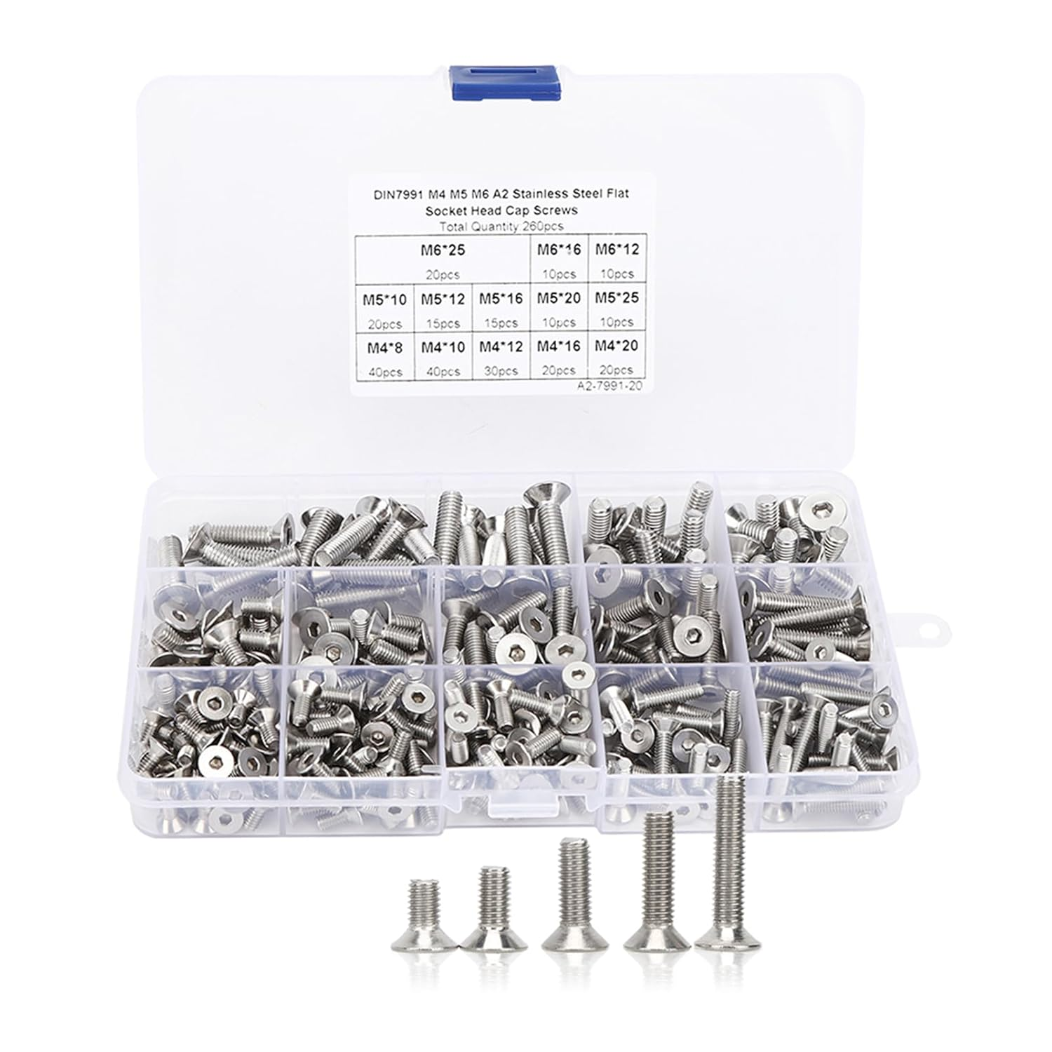 260 Pieces Flat Screw Set M4/M5/M6 Hex Socket Screw, 304 Stainless Steel Hex Socket Countersunk Head Screw for Electronics Industry image number 4