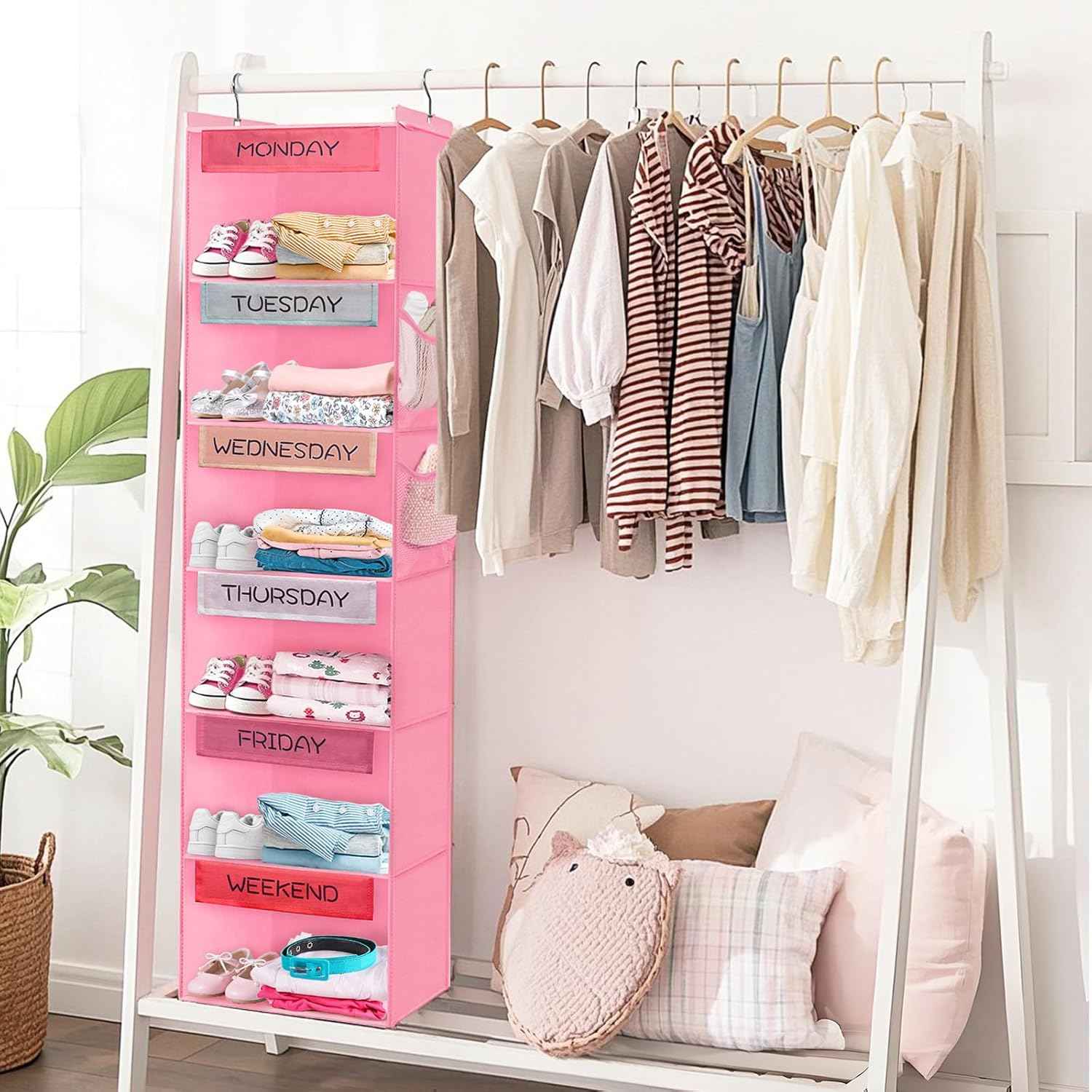 Weekly Clothes Organizer for Kids, 6-Shelf Hanging Closet Organizer with 2 Side Pockets, Days of the Week Clothes Organizer, with Labeled Days of the Week Monday through Friday, Weekday and Weekend image number 6