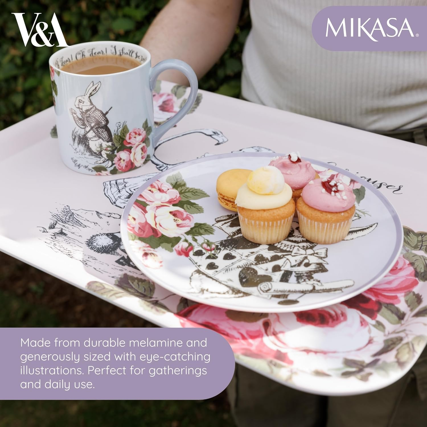 Mikasa and the V&A Serving Tray, Large Melamine Tray for Drinks and Afternoon Tea, Alice in Wonderland Collection, 43Cm X 32Cm, Perfect for Gifting