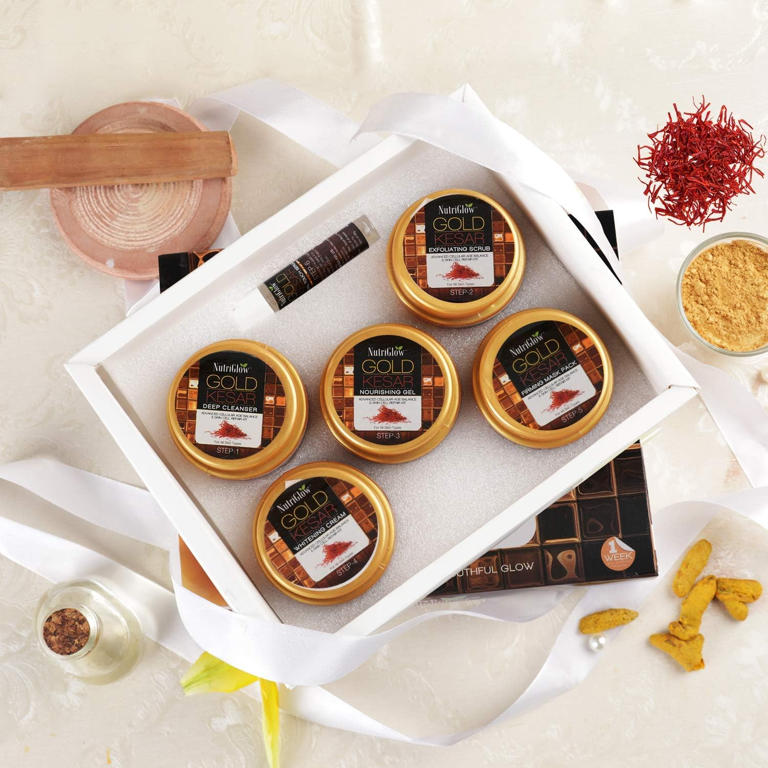 Nutriglow Gold Kesar Facial Kit for Women| 6-Pieces Skin Care/Skin Cleanup Set | Prevents from anti Aging| 250G + 10Ml