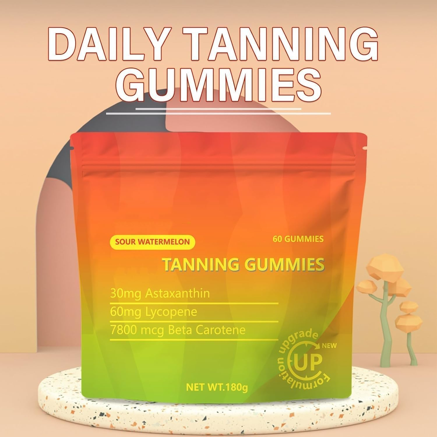 Tanning Gummie, Tanning Gummies for Skin Glow & Health - Vegan, Non-Gmo, with Astaxanthin, Lycopene & Beta Carotene, 60 Gummies for a Natural, Long-Lasting Tan - 1 Bag image number 3
