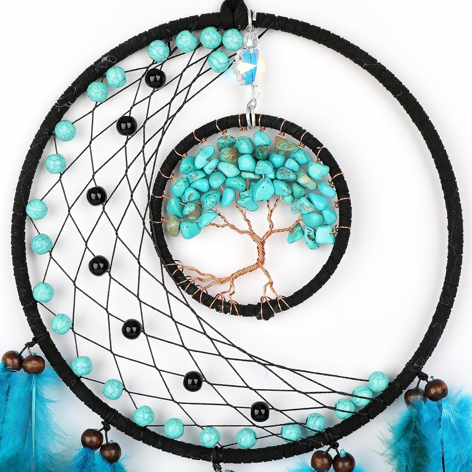 Blue Feather Tree of Life Dream Catcher Wall Hanging Ornament for Home Bedroom Decor Crystal Stone Dream Catcher for Wall Hanging Decor Handmade Crafts Festival Gift image number 1