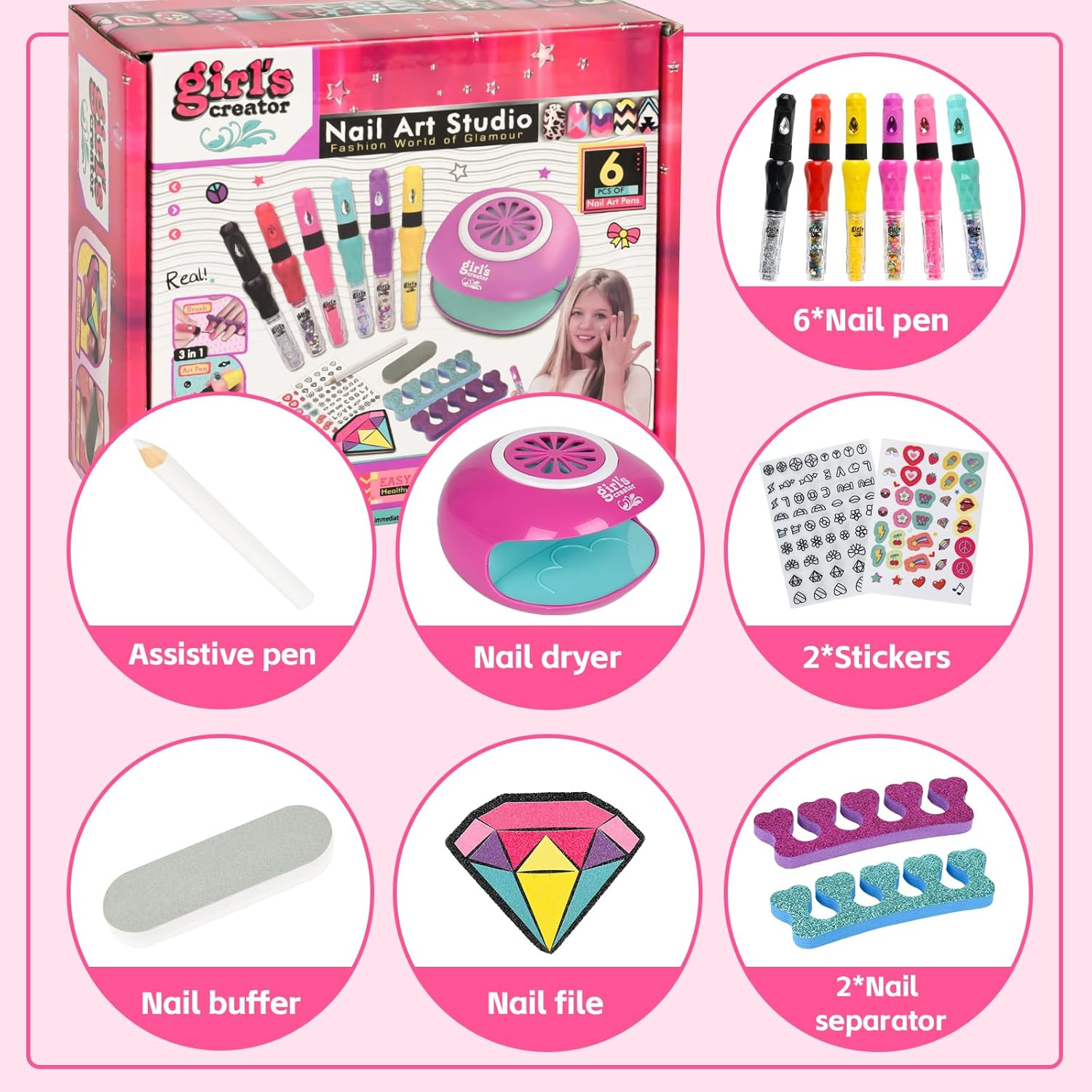 CYZAM Nail Art Studio for Girls, Nail Polish Kit for Kids Age 6-12, 3 in 1 Nail Polish Pen, Nail Dryer, Stickers, Glitter, Decoration Supplies, Non Toxic Nail Polish, Girls Stuff for Spa 6 7 8 9 10 12 Years image number 6