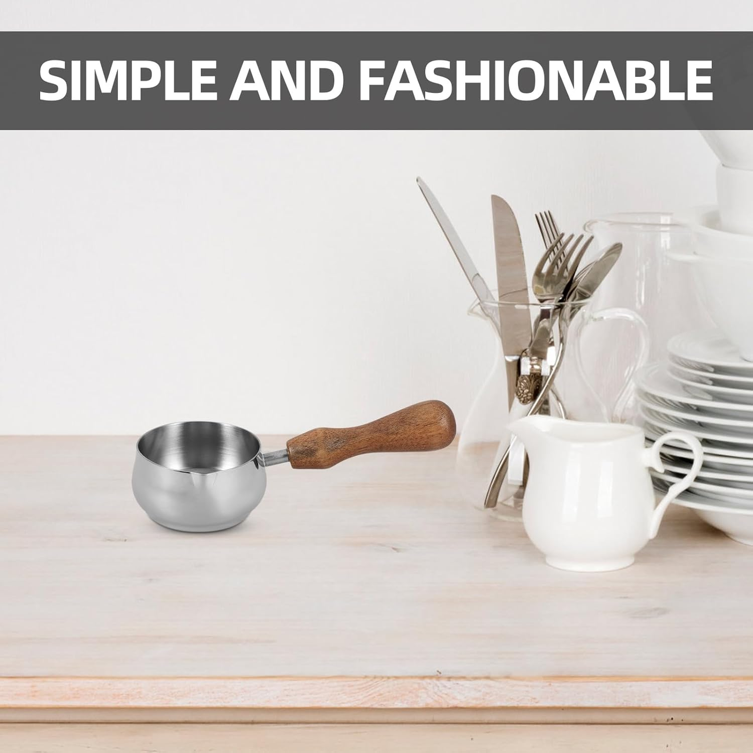 Homoyoyo Stainless Steel Milk Frothing Pitcher with Walnut Wooden Handle Small Creamer Jug for Espresso Coffee Smooth Surface Easy to Clean Stylish Small Milk Container for Home and Use image number 3