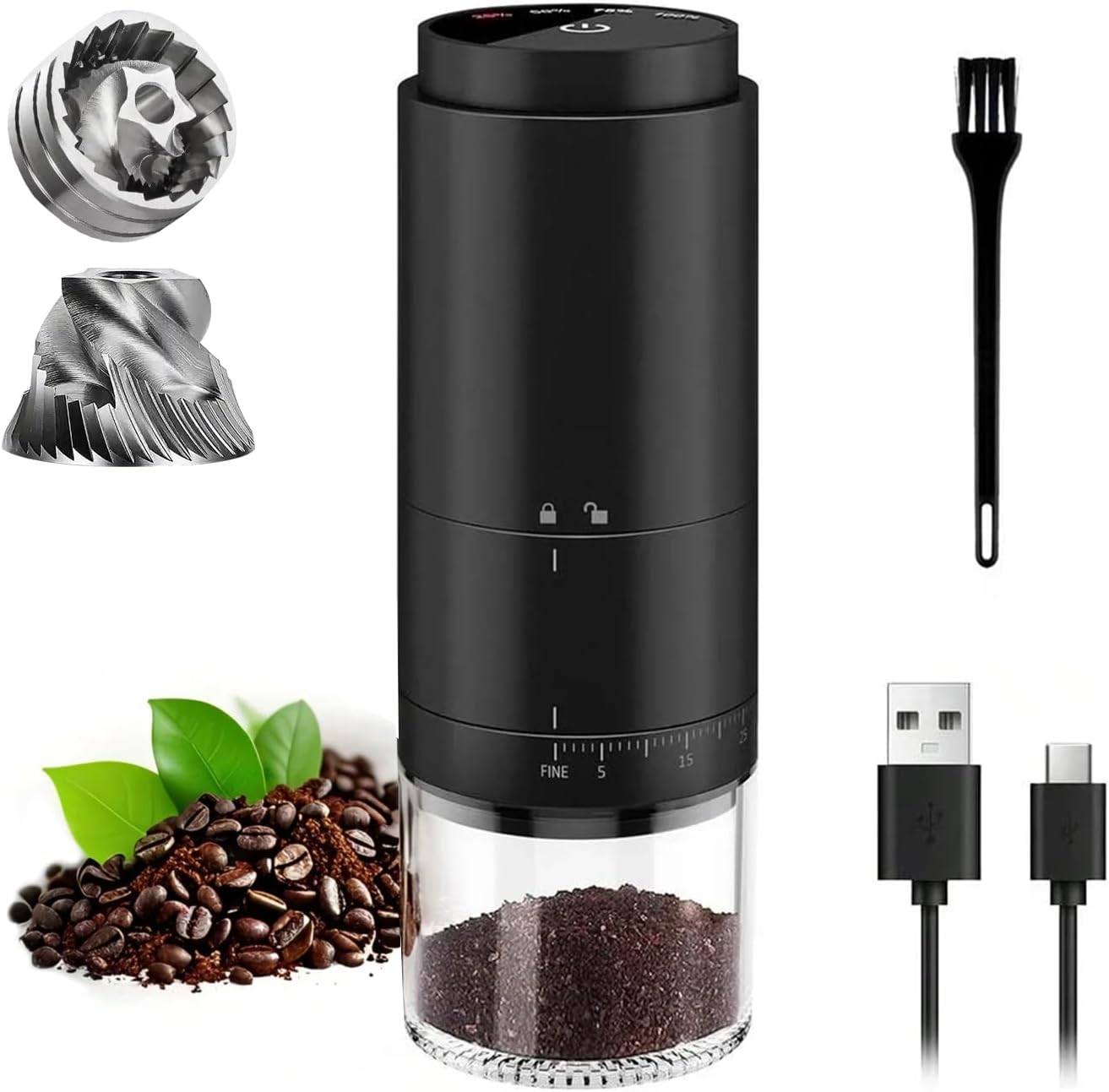 NNAKLLI Portable Electric Coffee Grinder - Stainless Steel Burr Mill, Rechargeable, Cordless Coffee Grinderfor Traveling, Camping, Office - 38 Adjustable Grind Settings image number 6