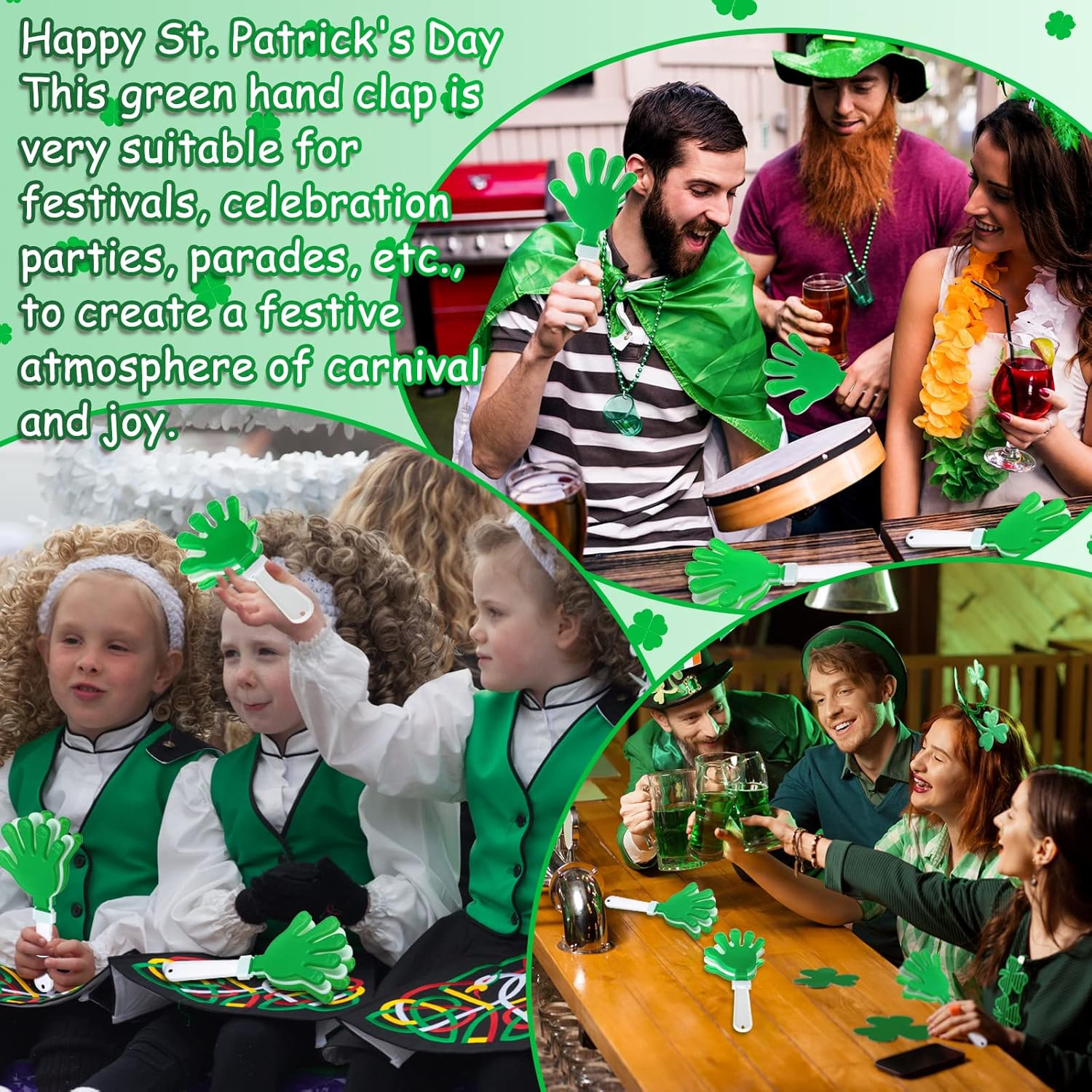 50 Pcs 7.5 Inch Green/White Hand Clapper Plastic Noise Makers for Sporting Events St. Patrick'S Party Hand Clappers Noisemakers for St. Patrick'S Day Party Favors Birthday Sports Game Celebration