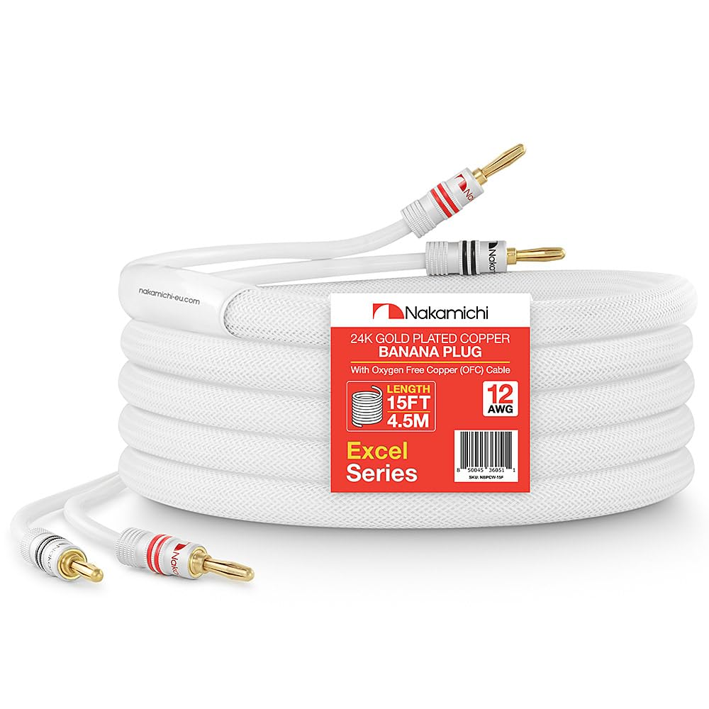 Nakamichi Excel Series 24K Gold Plated Banana Plugs with Speaker Cable Wire 99.9% Oxygen-Free Copper (OFC) Heavy Duty Braided for Amplifier Hi-Fi Home Theatre - White (12 AWG / 10 Feet / 3.0M)