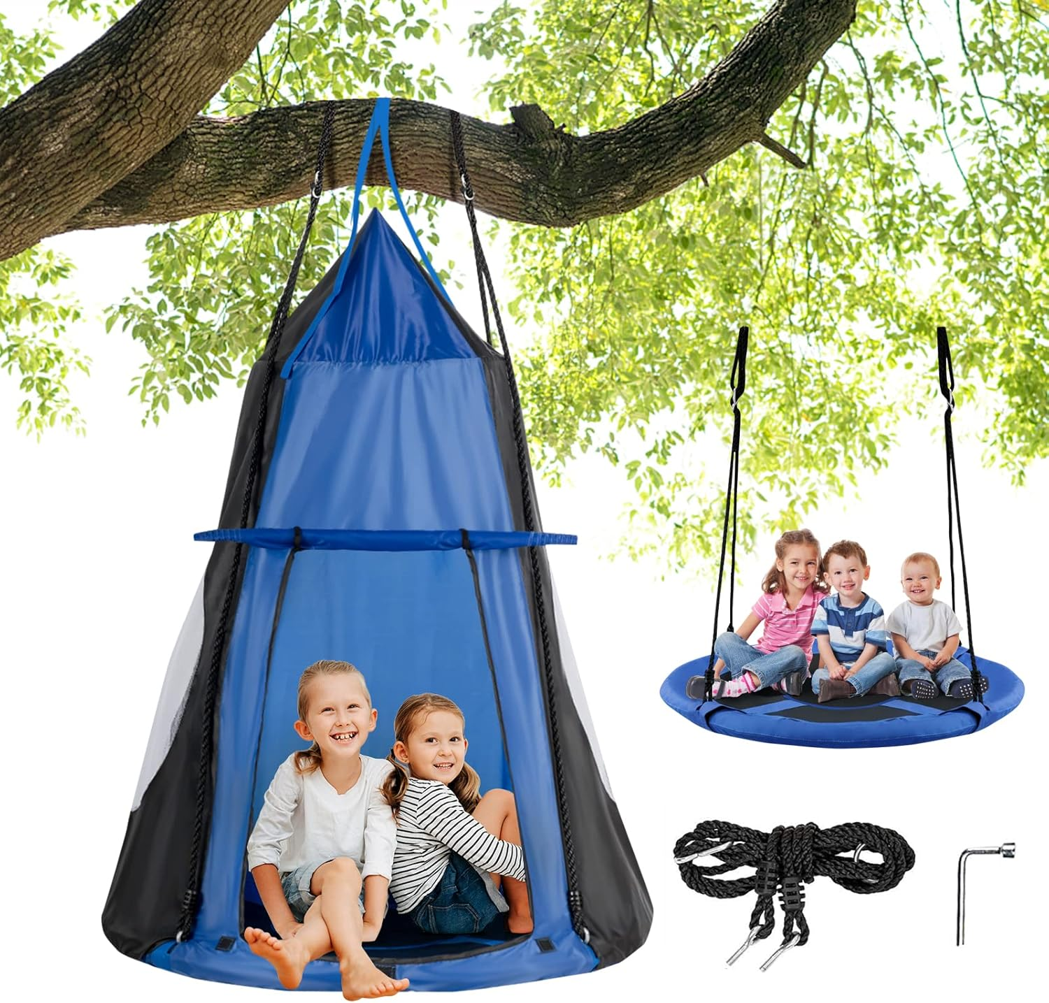HONEY JOY 100CM Kids Detachable Hanging Chair Swing Tent, 2 in 1 Hammock Nest Pod Hanging Swing Seat, Children Outdoor Indoor Swing Play Tent for Backyard Tree, Max Capacity 150KG (Blue) image number 5